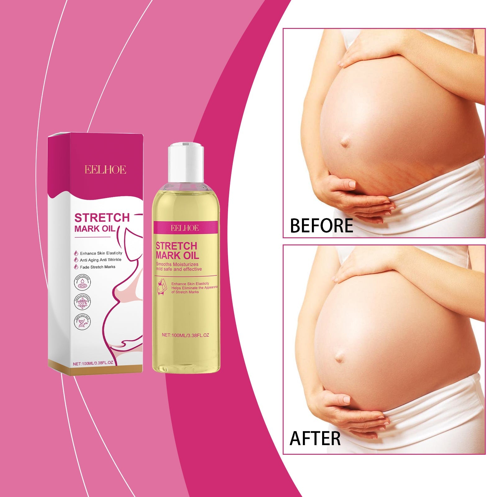 Product bottle surrounded by golden oil splash, ingredient elements, and benefit callouts emphasizing smooth firm skin and long-term use suitability