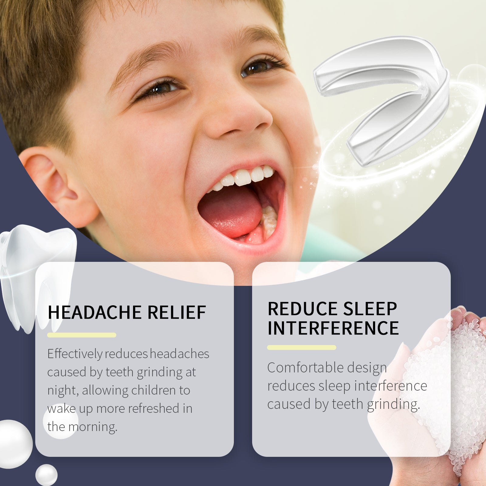 Child's happy expression with detailed benefits: headache relief and reduced sleep interference
