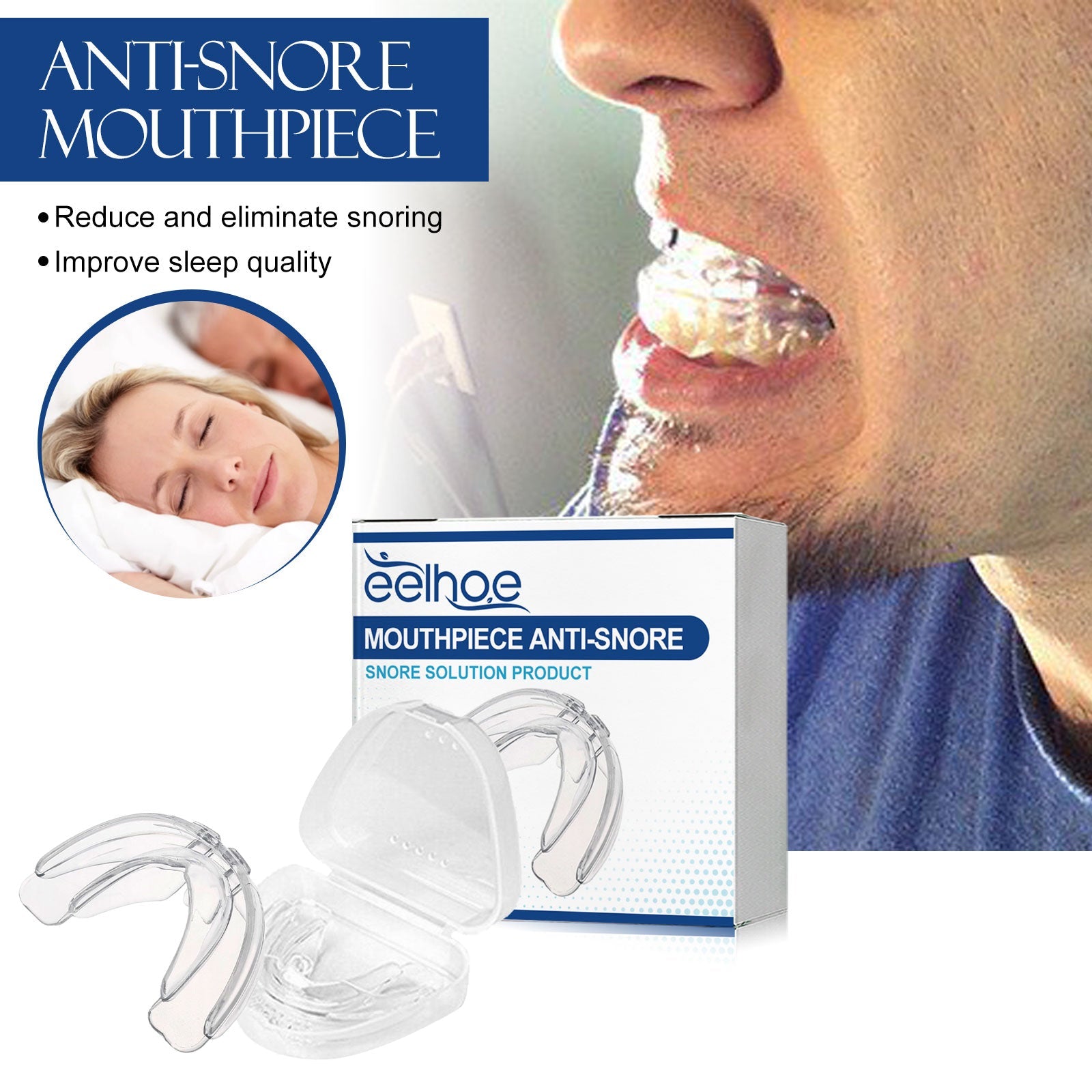 Lifestyle image showing man wearing mouthpiece with peaceful sleeping woman, packaging visible, key benefits listed