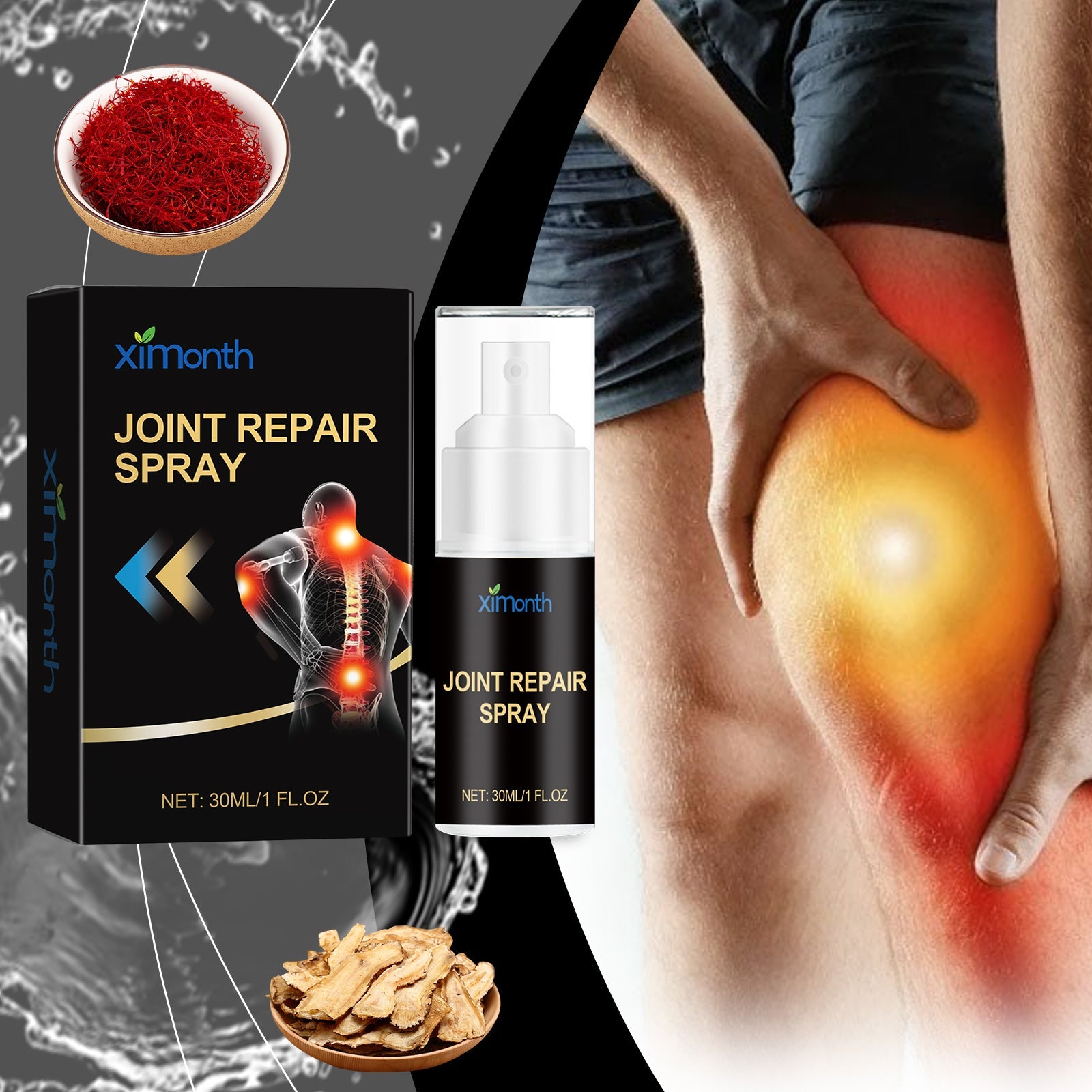 Product efficacy chart with before/after comparisons showing joint pain reduction (red heat mapping disappearing), and three pain scenario examples: knee pain, hand/foot numbness, lumbar pain