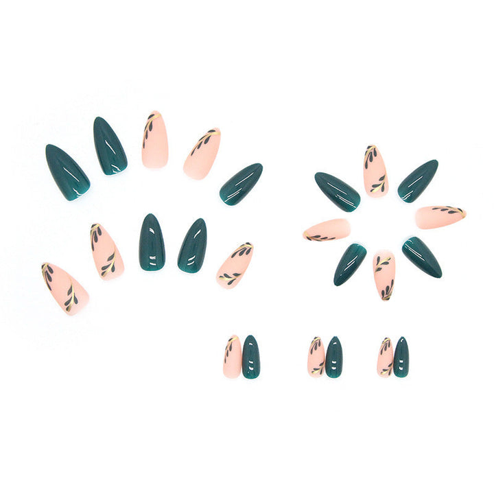 Almond Press-On Nails – Forest Green & Gold Leaf Design