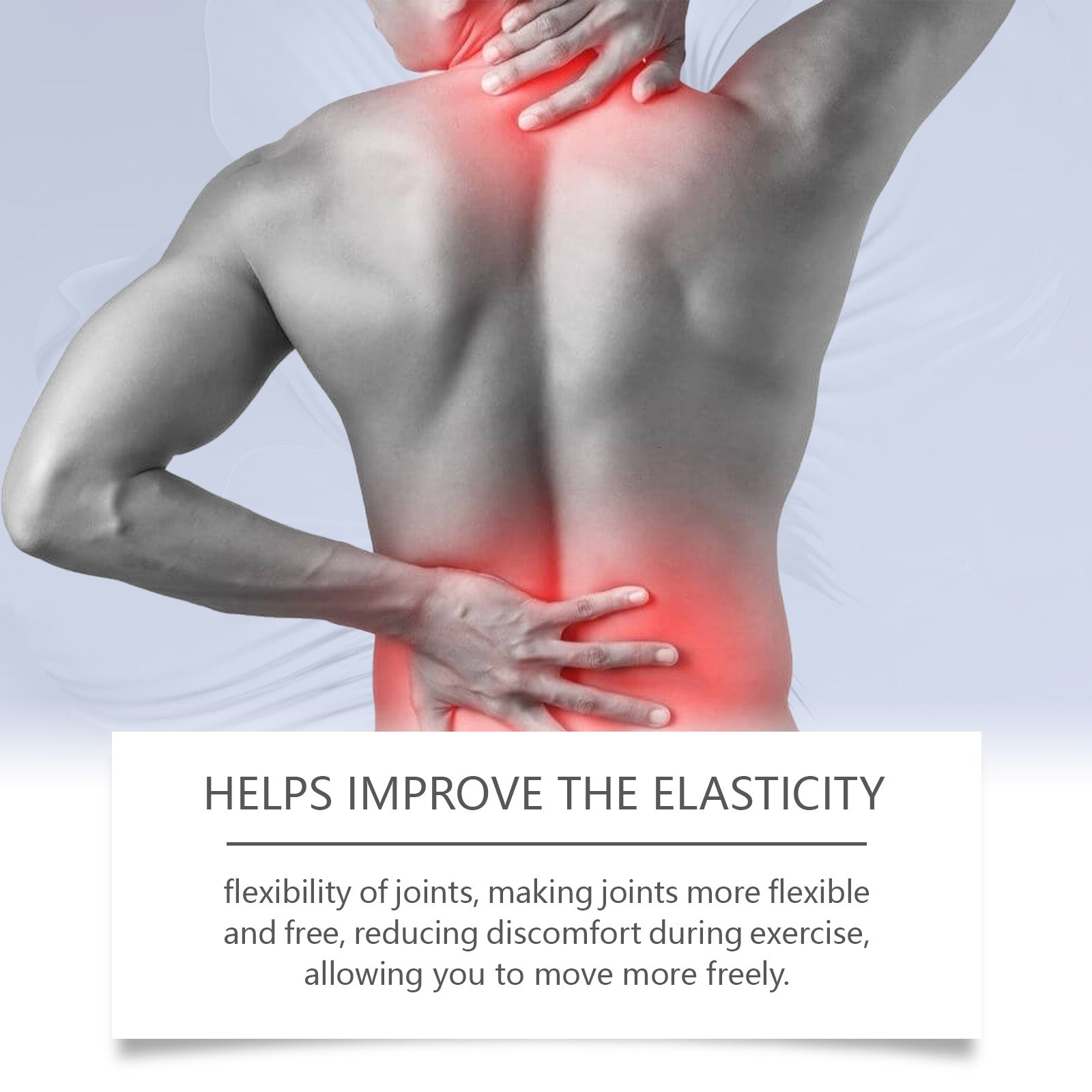 Active runner touching leg mid-exercise outdoors with text blocks reading 'IMPROVE JOINT ELASTICITY' and 'PROMOTE JOINT REGENERATION' flanked by bee and ingredient imagery