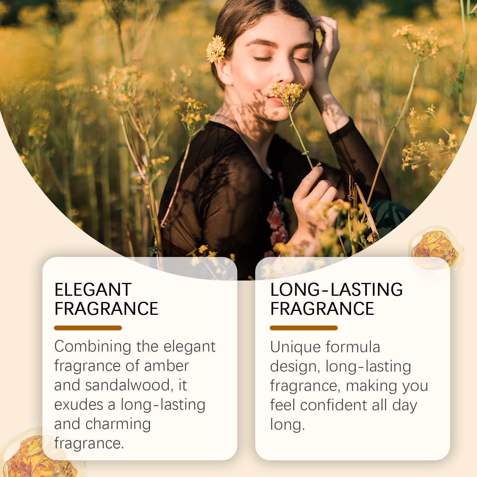 Woman in black top surrounded by yellow wildflowers in a natural field setting, contemplative elegant pose