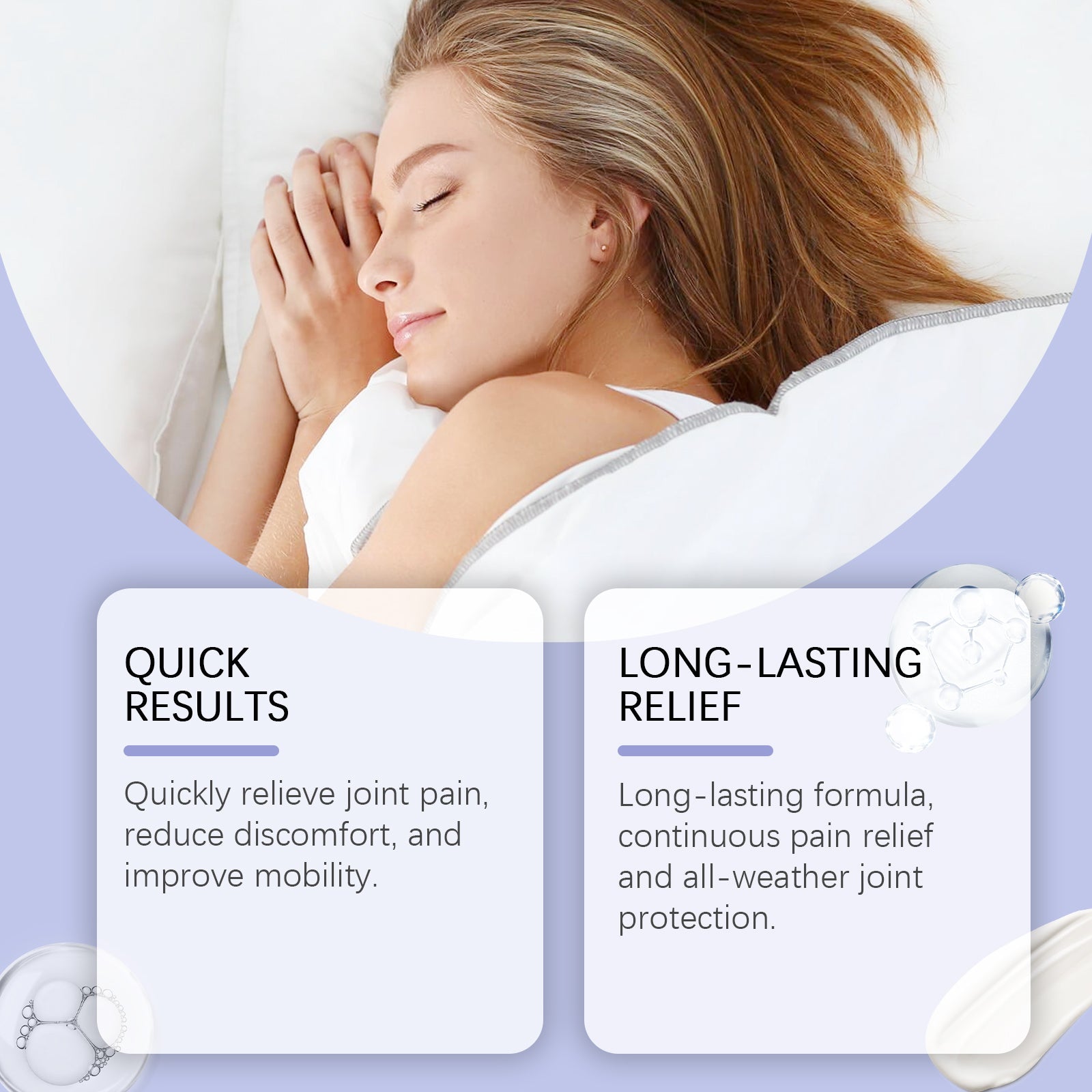 Two benefit cards displaying 'Quick Results' and 'Long-Lasting Relief' with woman sleeping and molecular imagery