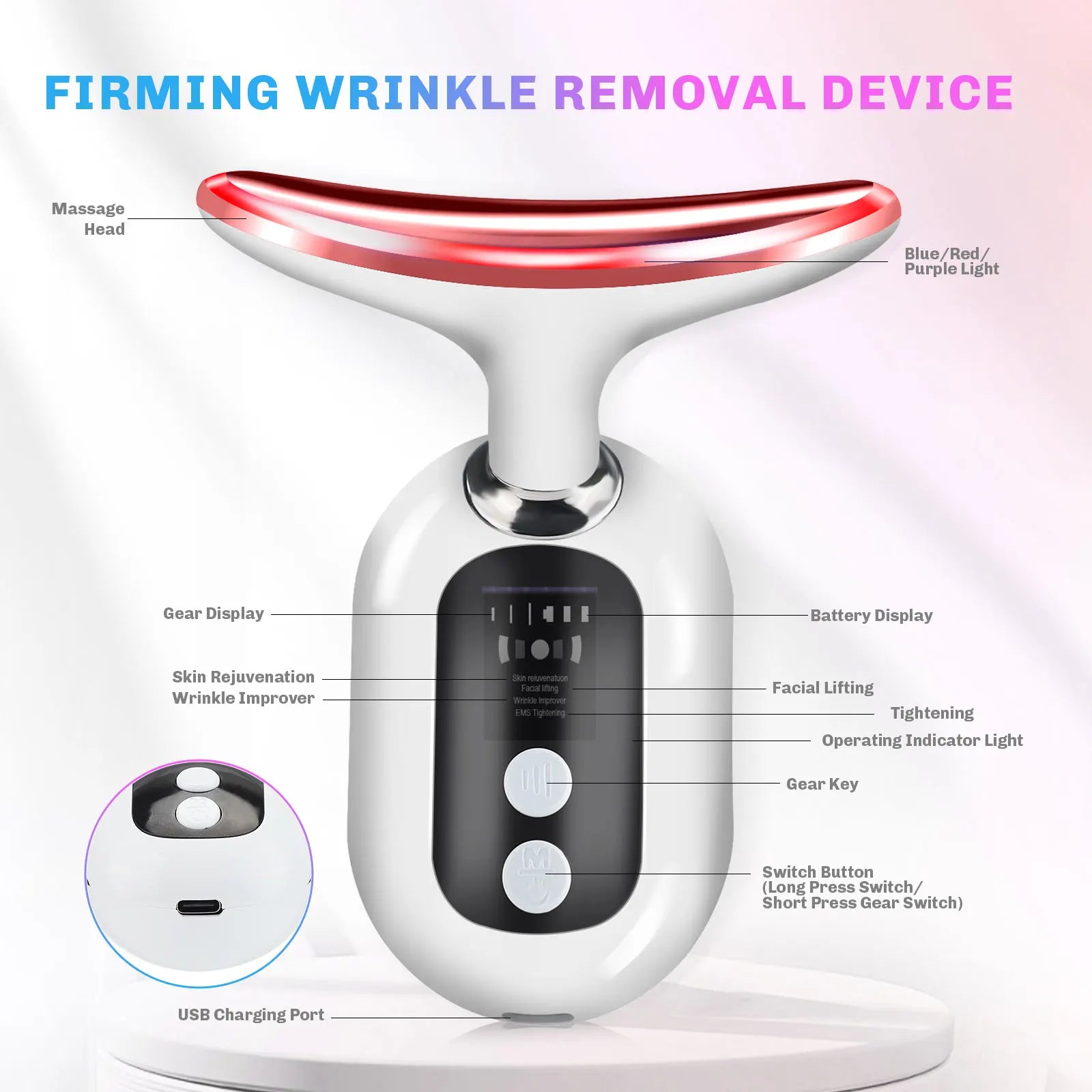 Detailed product schematic with all components labeled including massage head, LED lights, control panel, battery display, USB charging port, and operating buttons