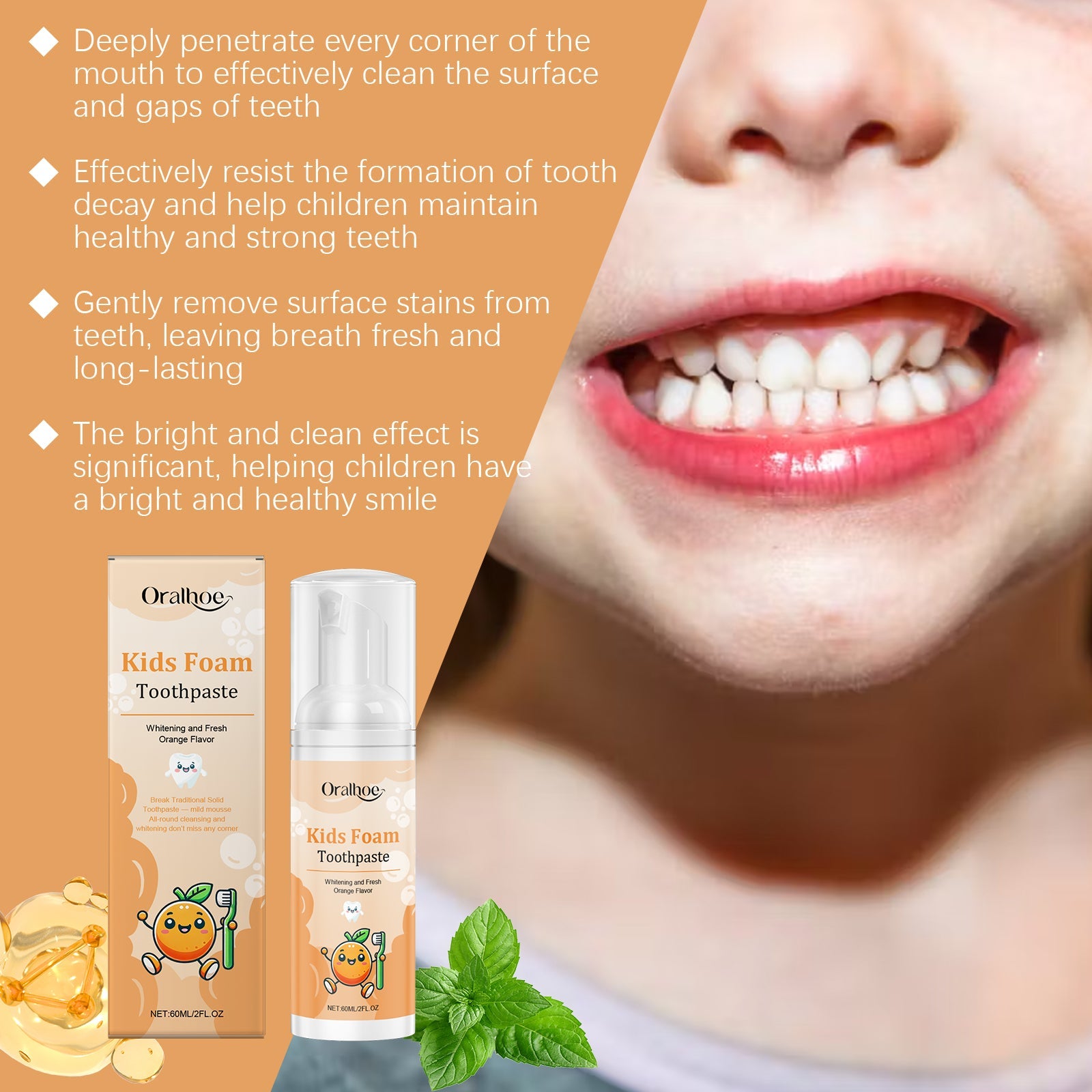 Close-up of child's bright white teeth with detailed benefit callouts about deep cleaning, stain removal, and decay prevention