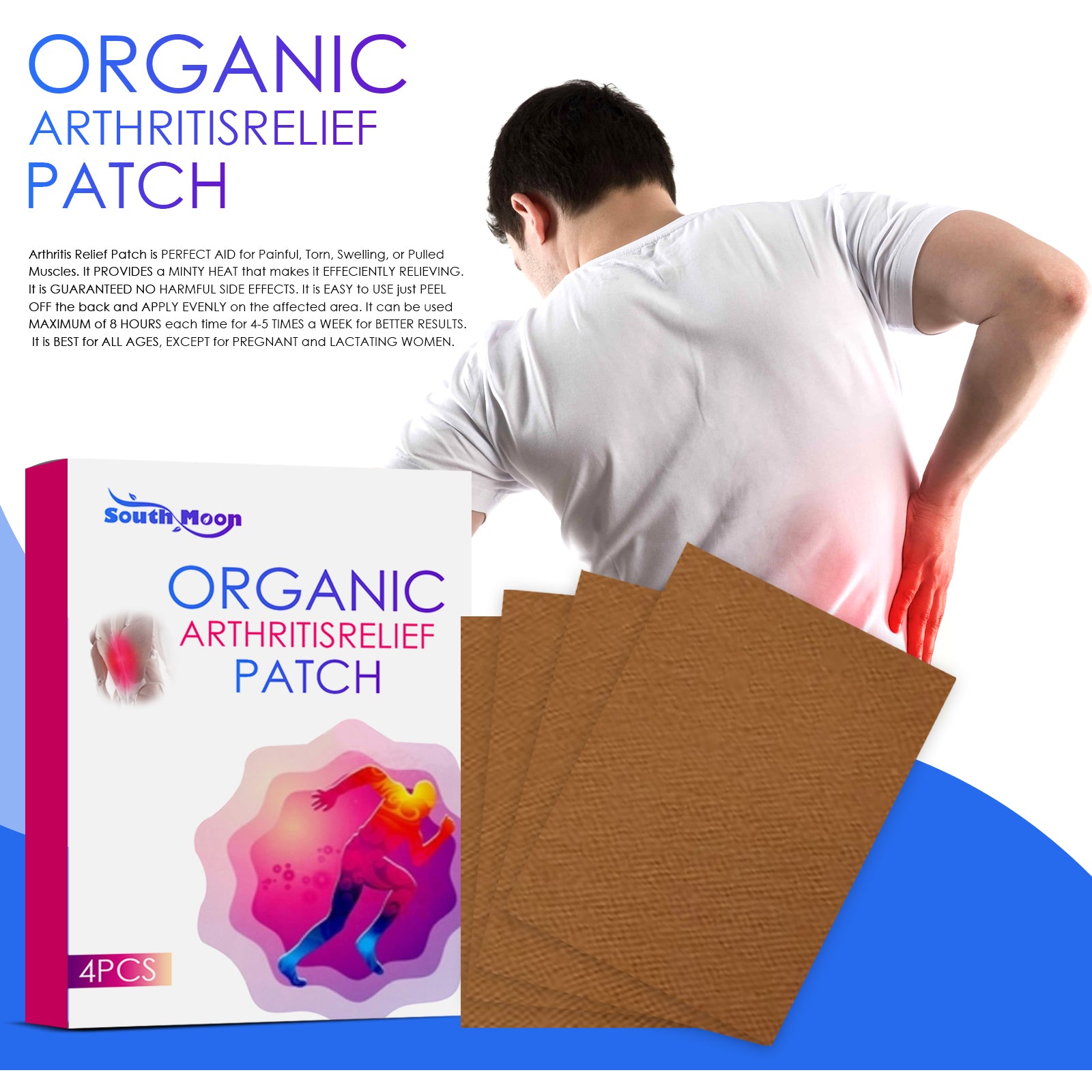 South Moon Organic Arthritis Relief Patch box with 4 brown patches displayed, magenta spine, vibrant thermal gradient illustration of person in pain relief pose