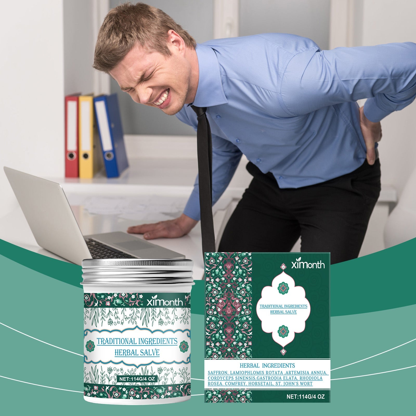 Man in blue shirt at desk with laptop experiencing back/joint discomfort with salve jar and box positioned below