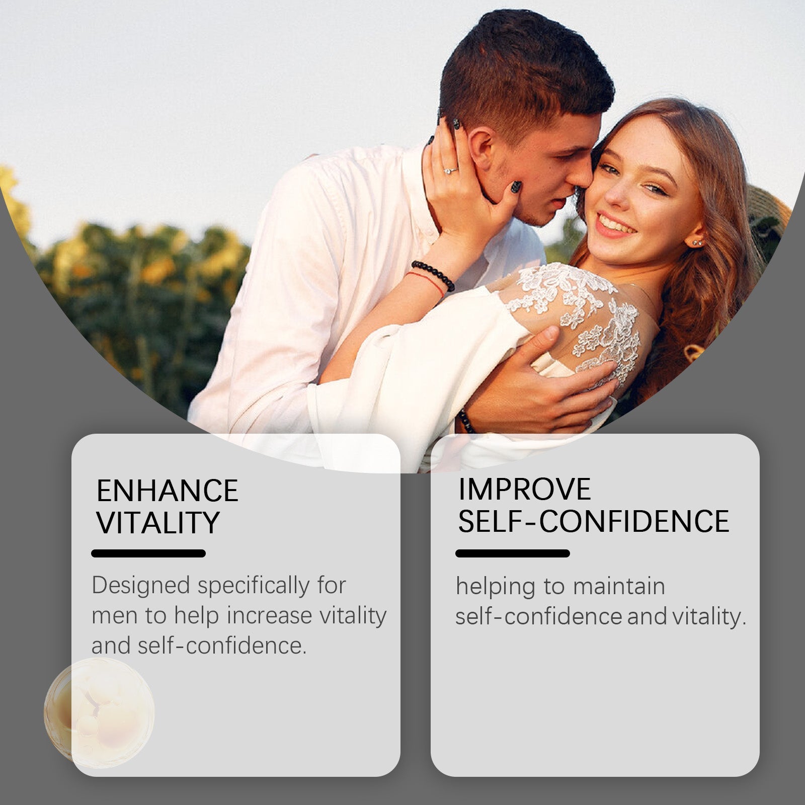 Close-up of man with product and key benefits listed: enhance vitality, improve self-confidence, quick absorption, convenient to use