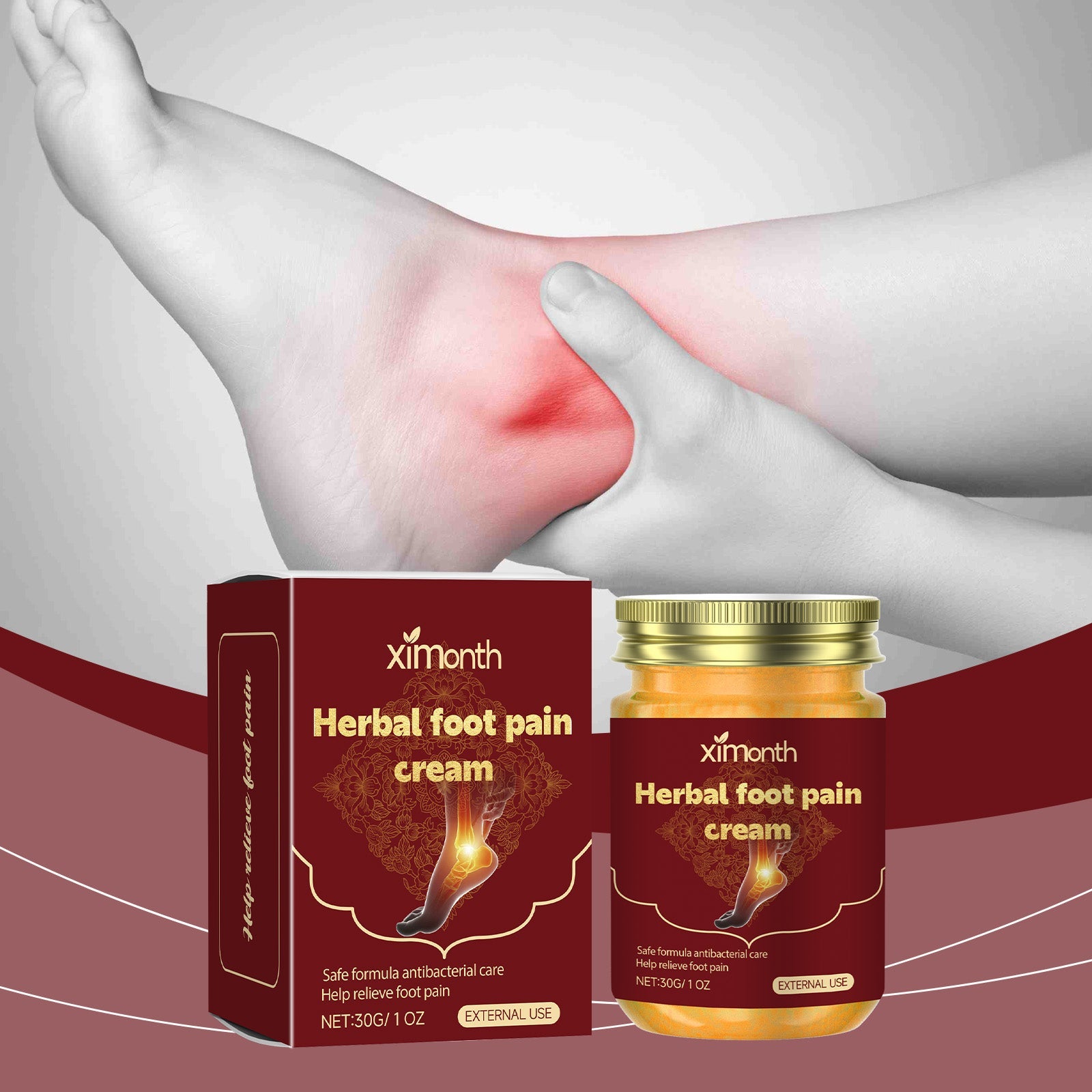 Hand applying cream to foot with benefit callouts for quick relief and long-lasting effect