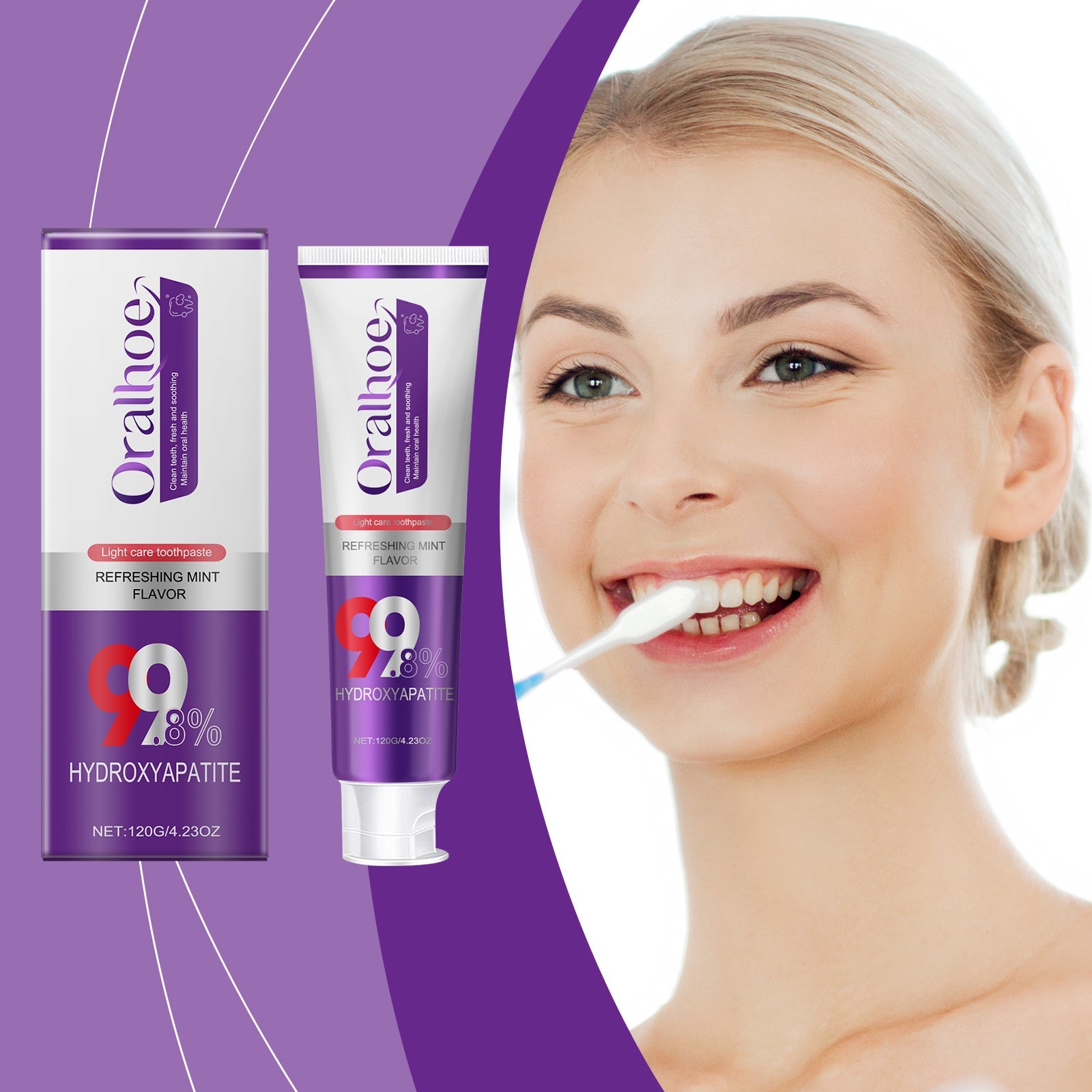 Oralthoe toothpaste box and tube side-by-side showing full branding, 98% Hydroxyapatite highlight, and Refreshing Mint Flavor
