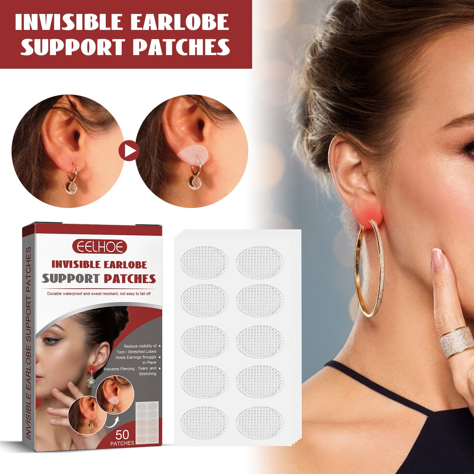Side-by-side before/after close-up of earlobe with dangling earring, showing visible inflammation on left transitioning to supported, protected earlobe on right