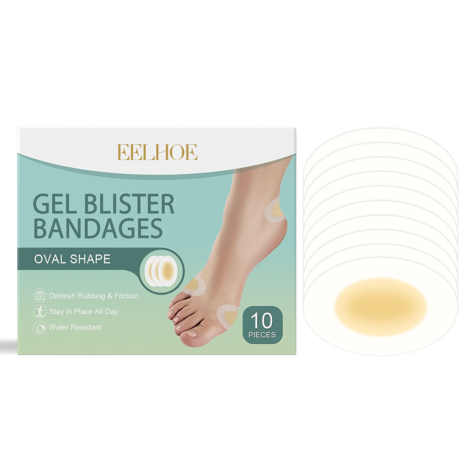 EELHOE Gel Blister Bandages Oval Shape packaging with product applied to foot