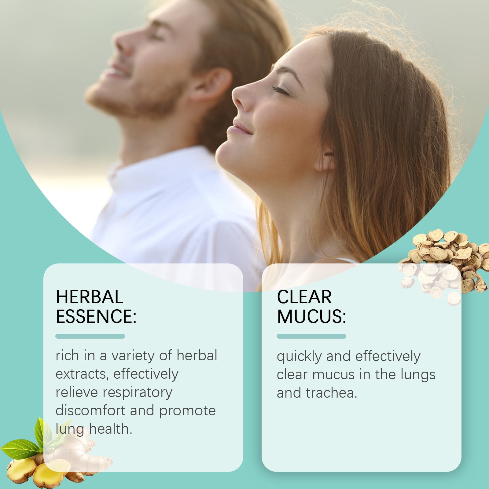 Woman coughing with detailed benefit callouts and ingredients