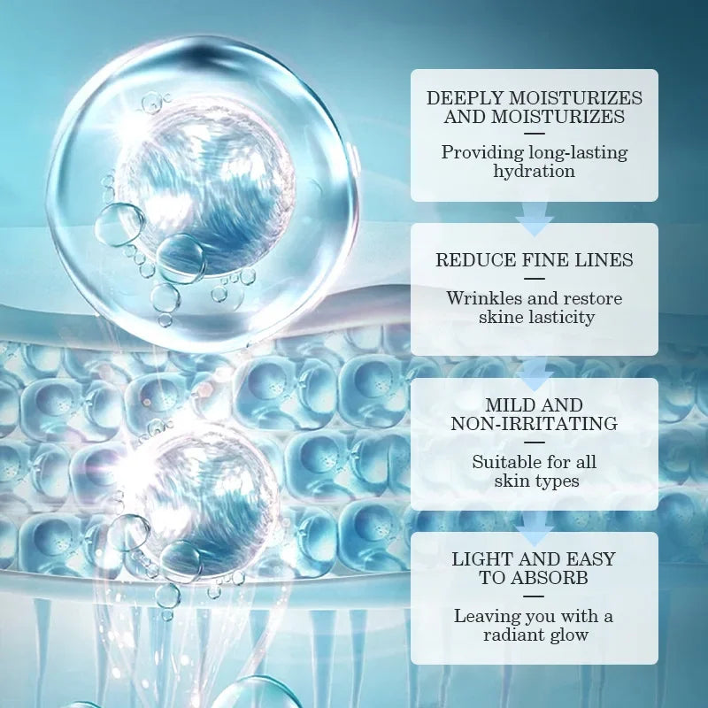 Liquid serum essence with hydrating molecule visualization and benefit callouts