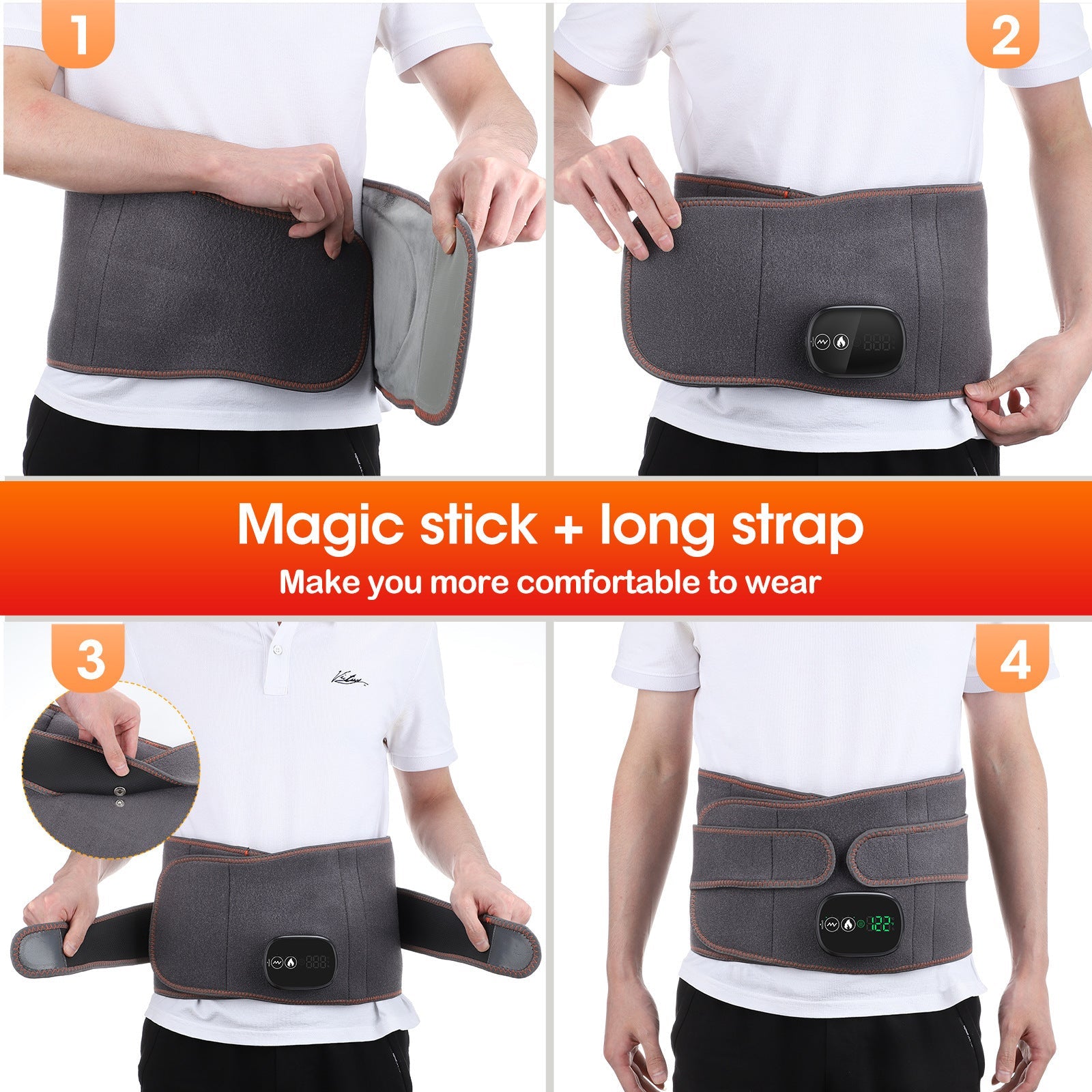 Four-step instruction sequence showing how to fasten the belt with magic stick closure, adjust straps for comfort, and wear positioning on different body types