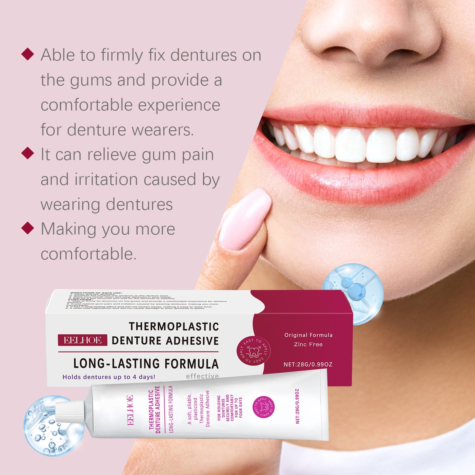 Woman's smiling face showing bright, white dentures with confident expression; product and formula visualization with blue molecular graphics
