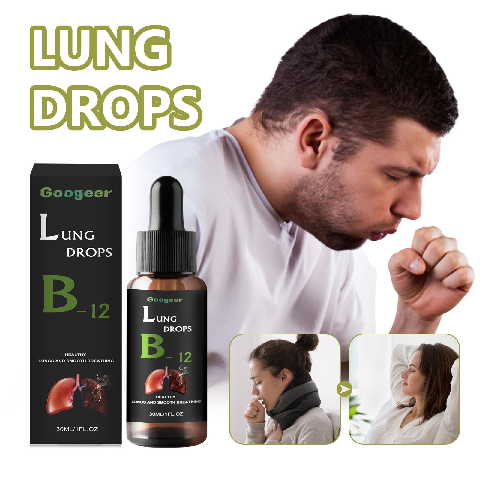Detailed view of Googeer Lung Drops B-12 bottle and carton with lung illustration