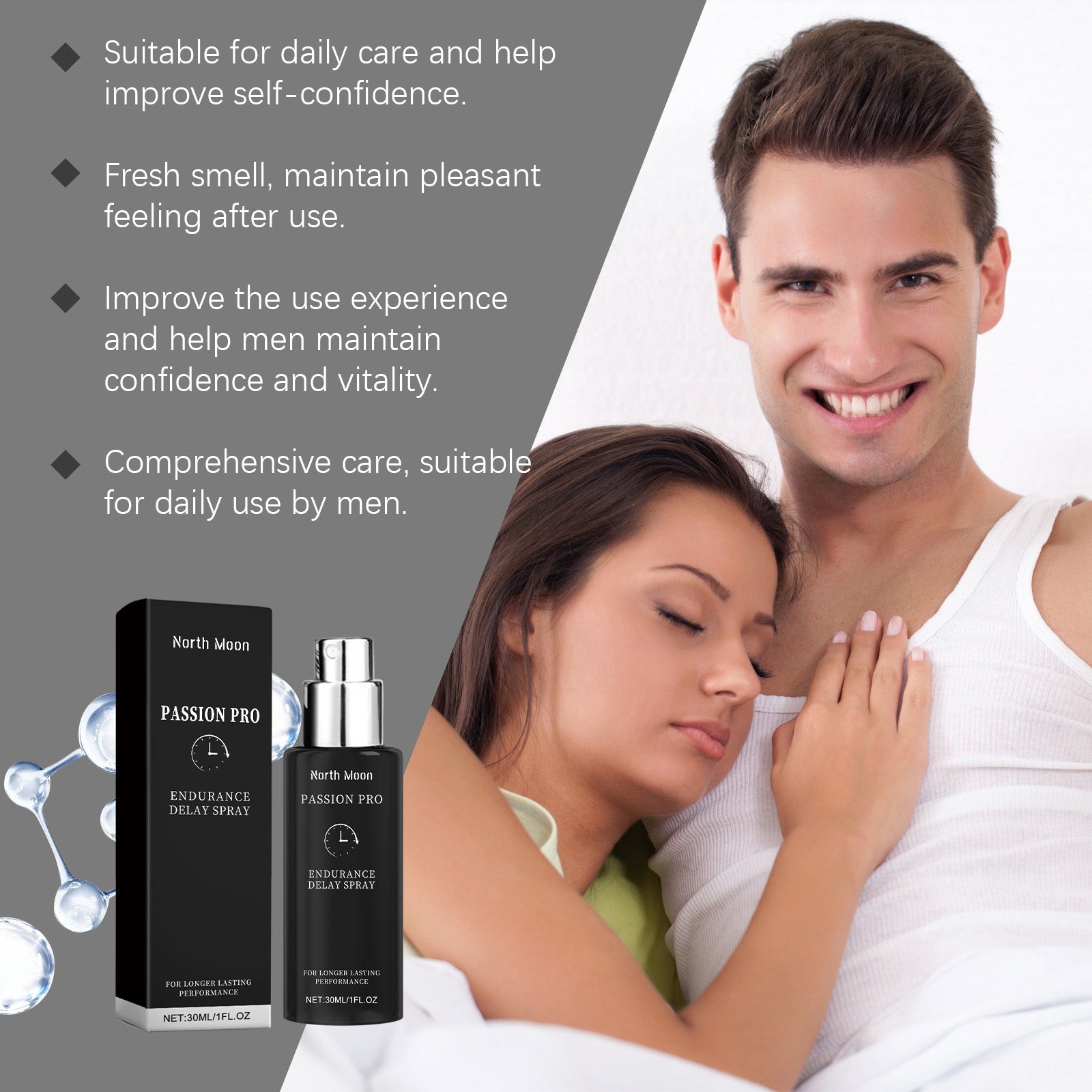 Intimate couple embracing with product, botanical ingredients (cinnamon, star anise), floral and sensory elements