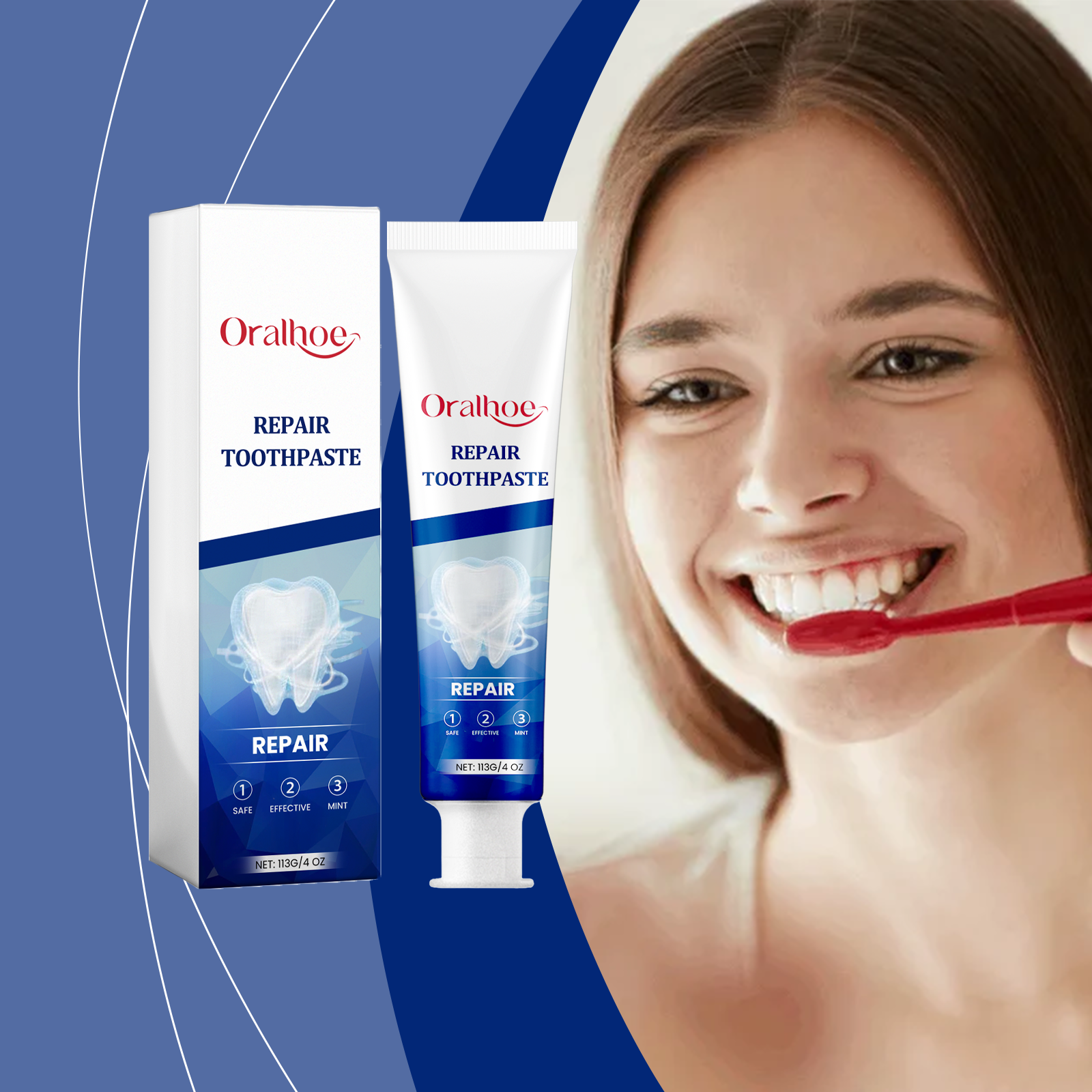 Young woman with bright white smile holding red toothbrush next to product packaging on blue gradient background