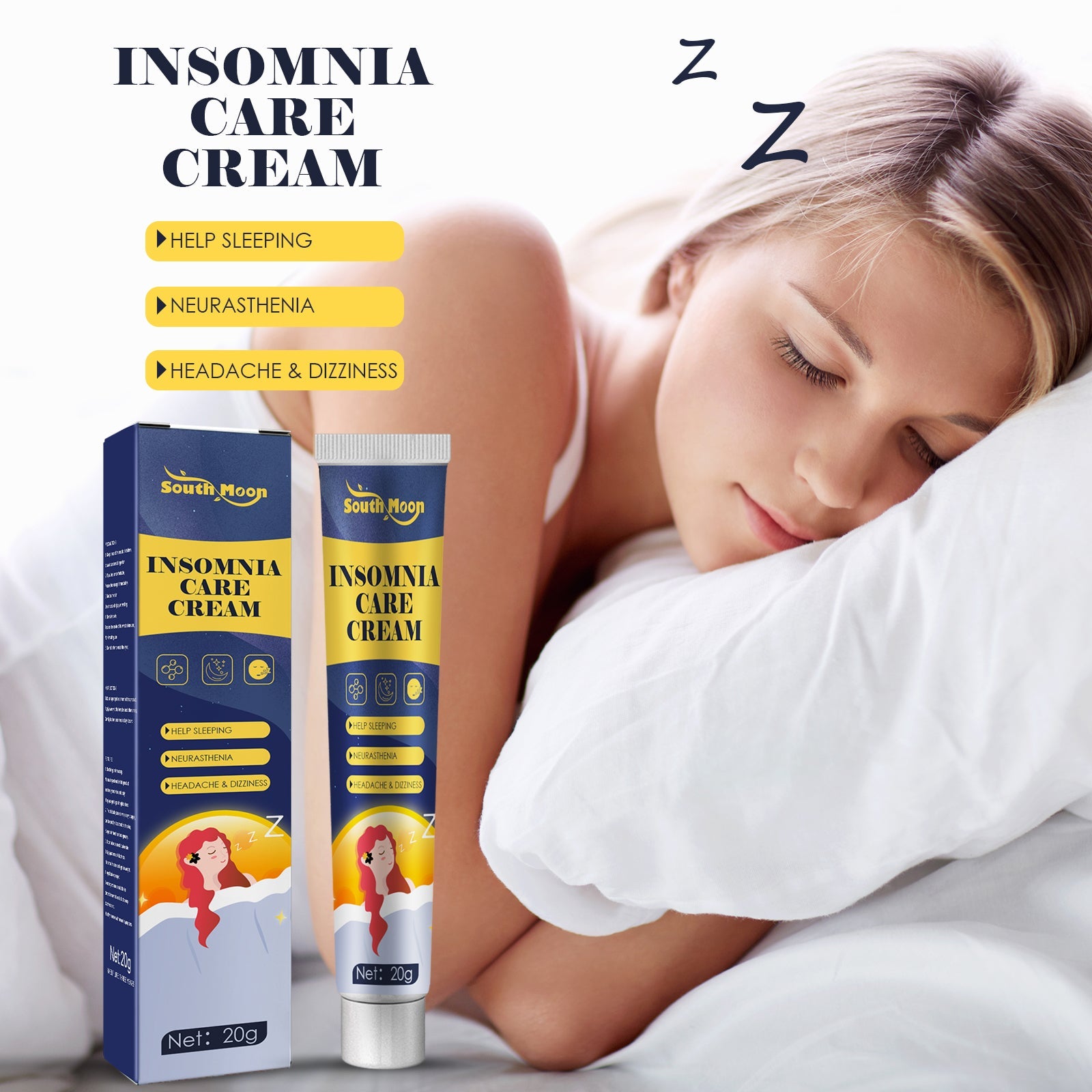 Woman peacefully sleeping in bed with pillow, demonstrating quality sleep with Z symbols, product packaging visible in corner with benefit claims highlighted