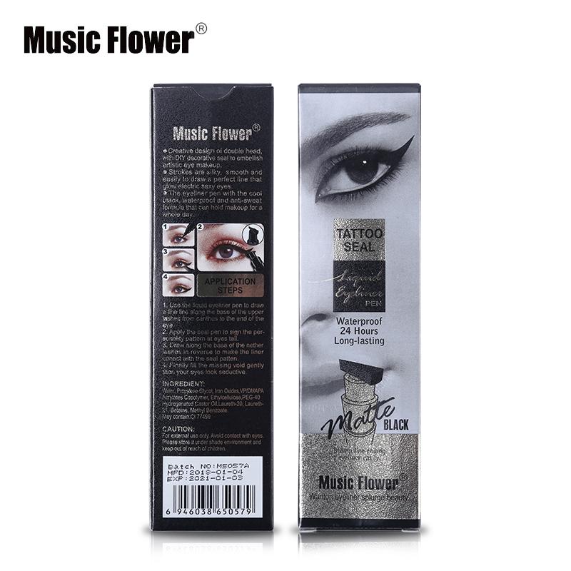 Unboxed eyeliner pen with cap removed showing precision liquid tip and stamp end, alongside opened packaging