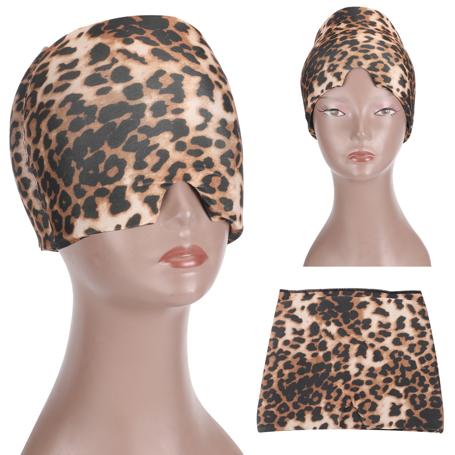 Leopard print and white fabric variants displayed on mannequin head and as separate pieces