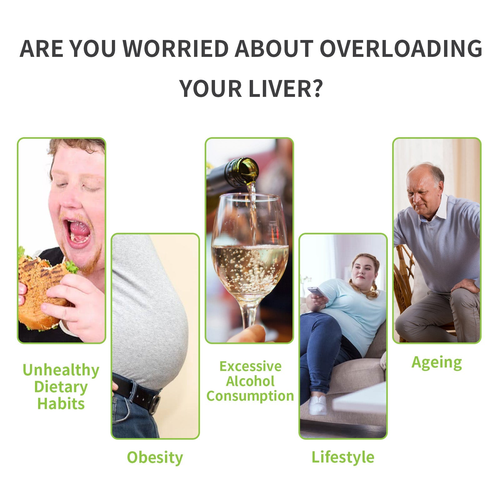 Text overlay asking 'Are you worried about overloading your liver?' with five panels showing health risk factors in green-bordered frames