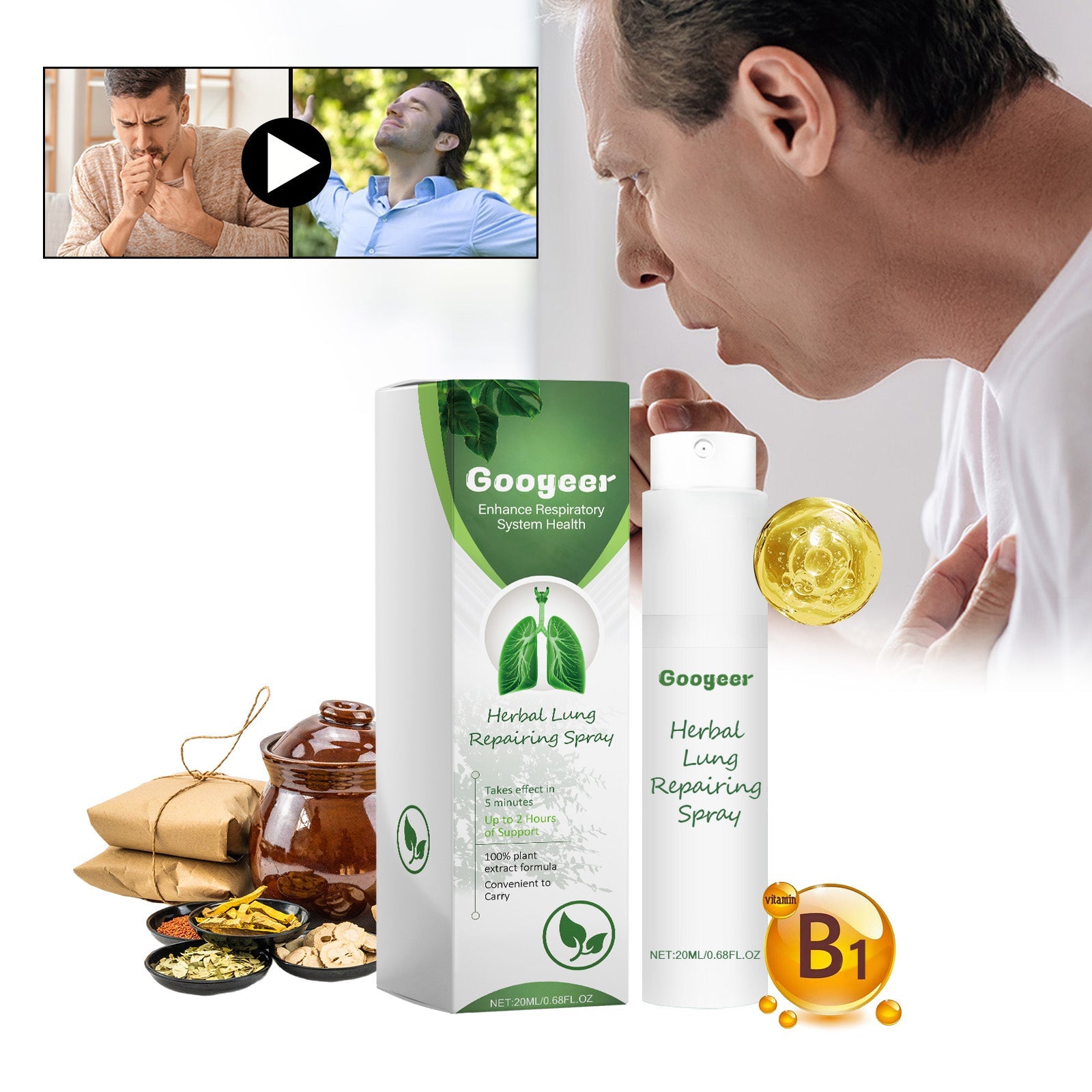 Close-up of Googeer packaging showing herbal lung repairing spray details