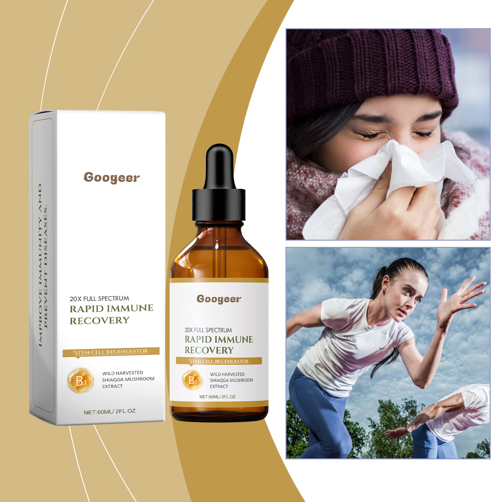 Front view of Googeer Rapid Immune Recovery serum box and amber glass dropper bottle