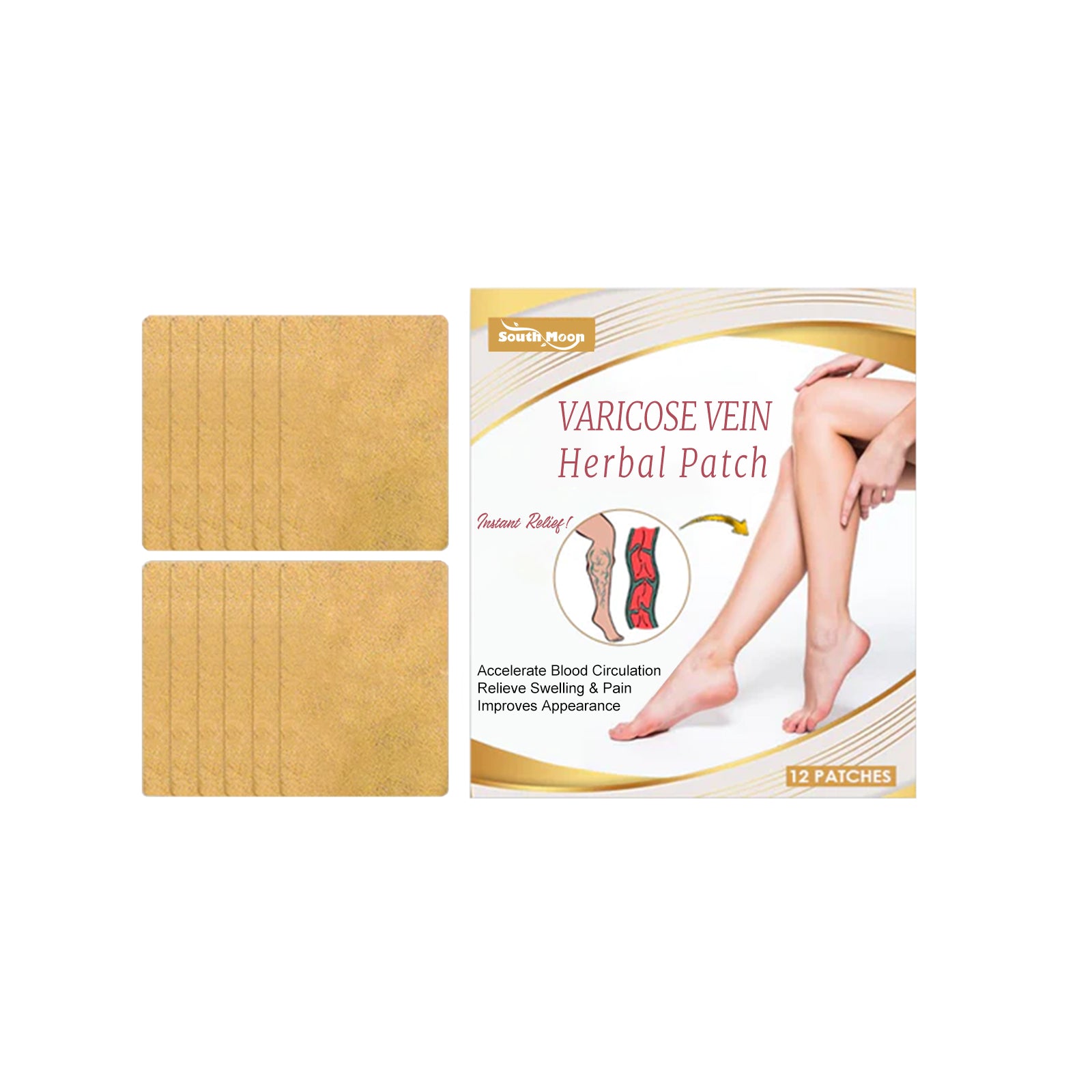 South Moon Varicose Vein Herbal Patch box showing product name, 12-patch count, benefit claims, and illustration of before/after vein appearance
