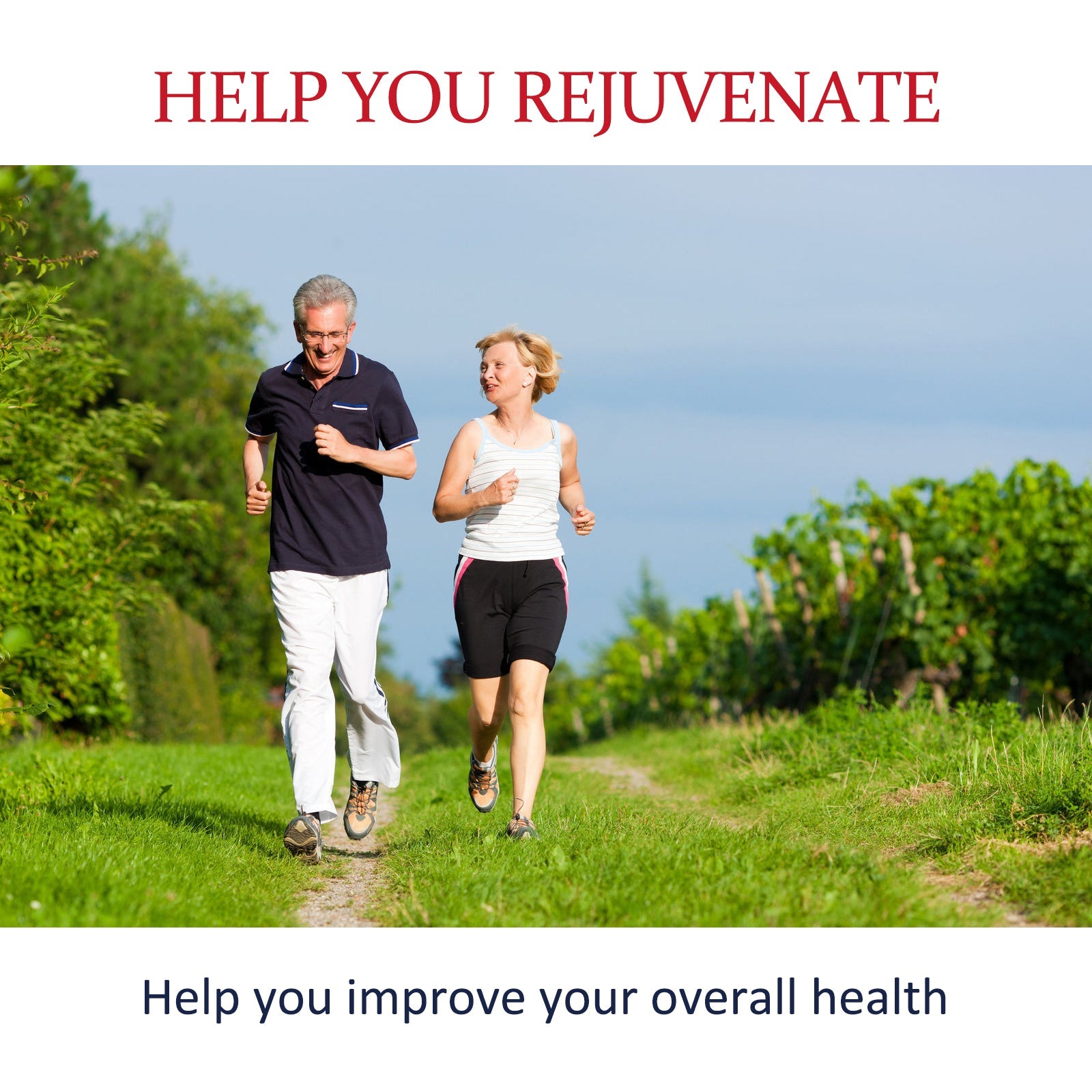 Mature couple running through countryside with 'Help you rejuvenate' and 'Help you improve overall health' messaging