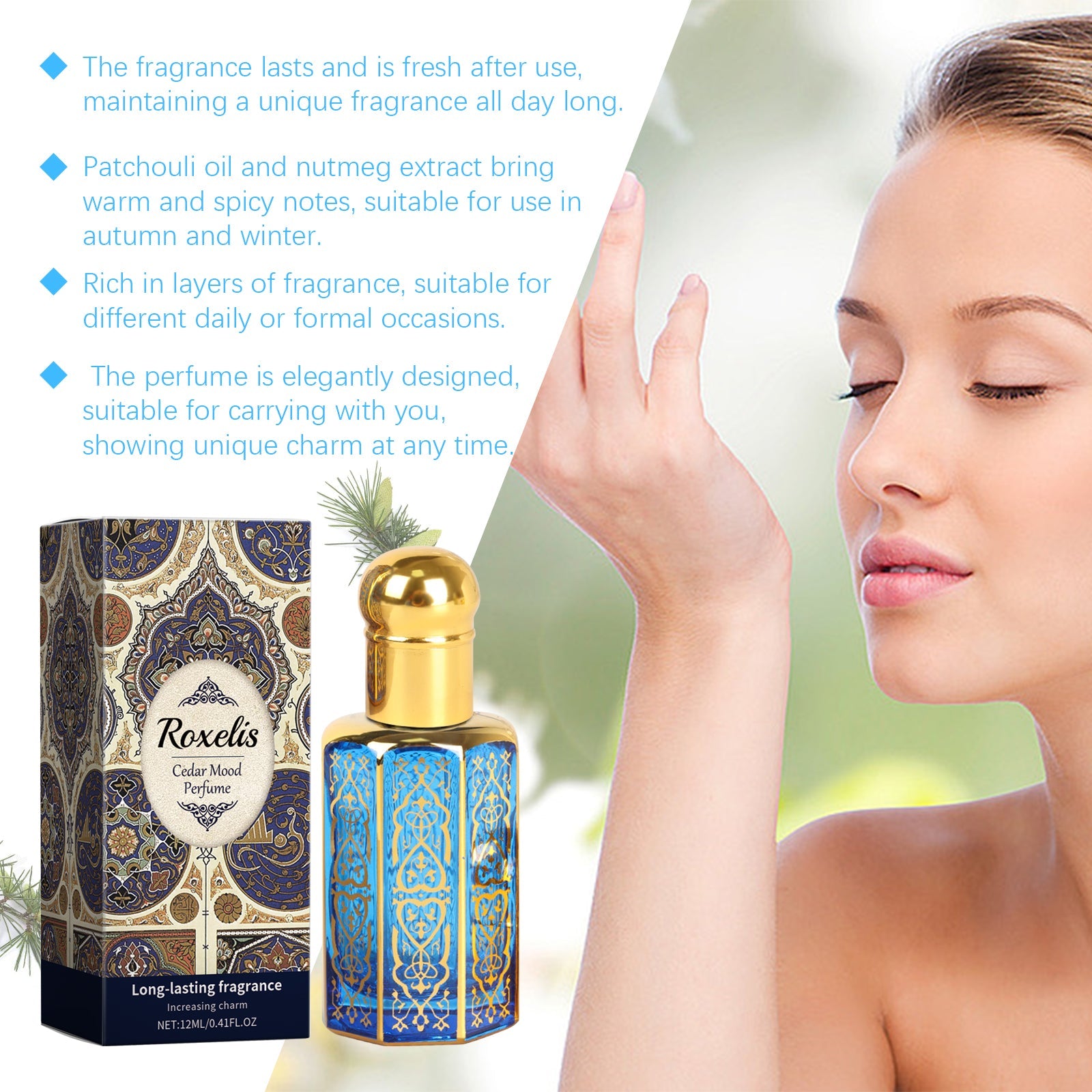 Product with key ingredient callouts and lifestyle image of woman applying fragrance outdoors with natural background