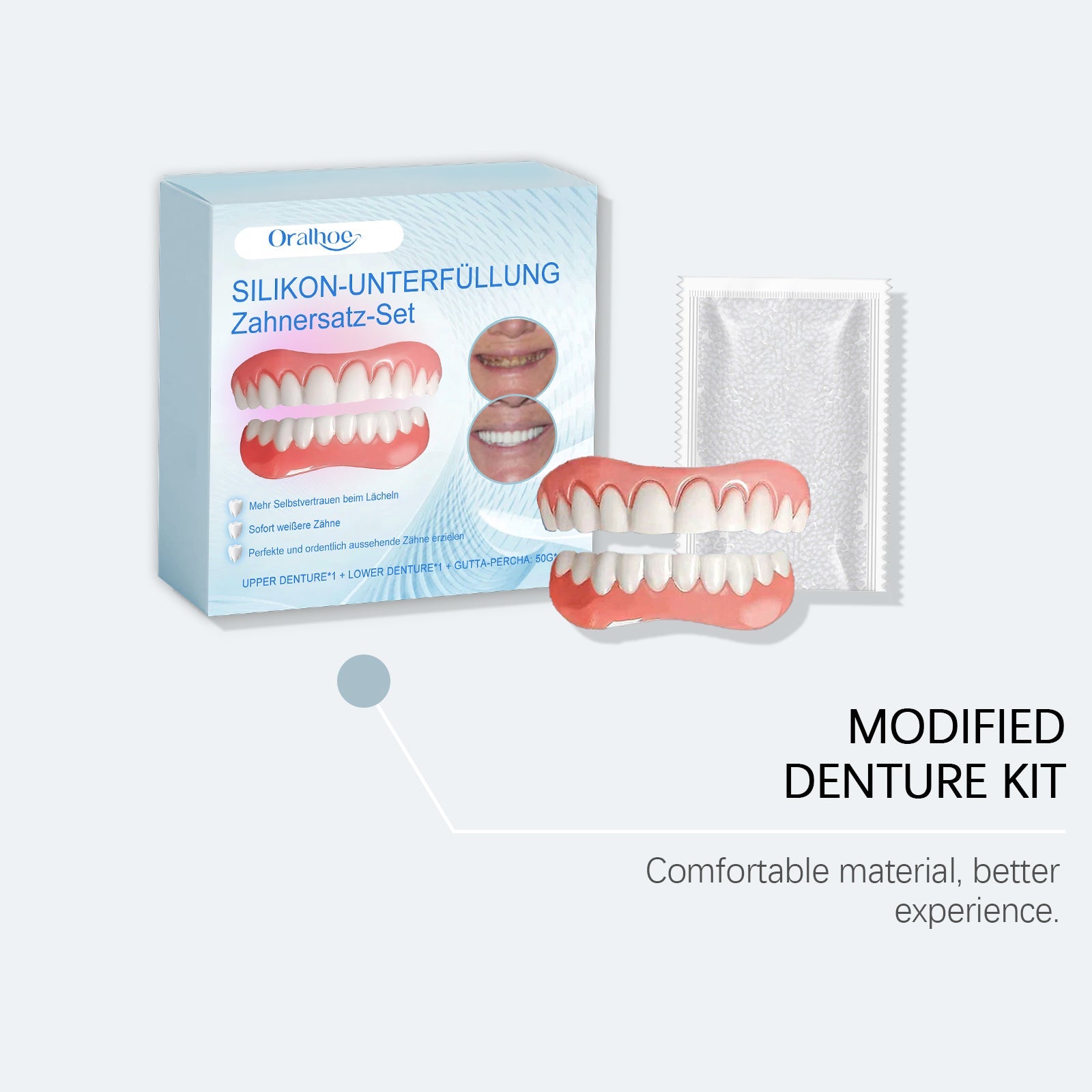 Product with callout text highlighting 'Modified Denture Kit' with comfort material benefits