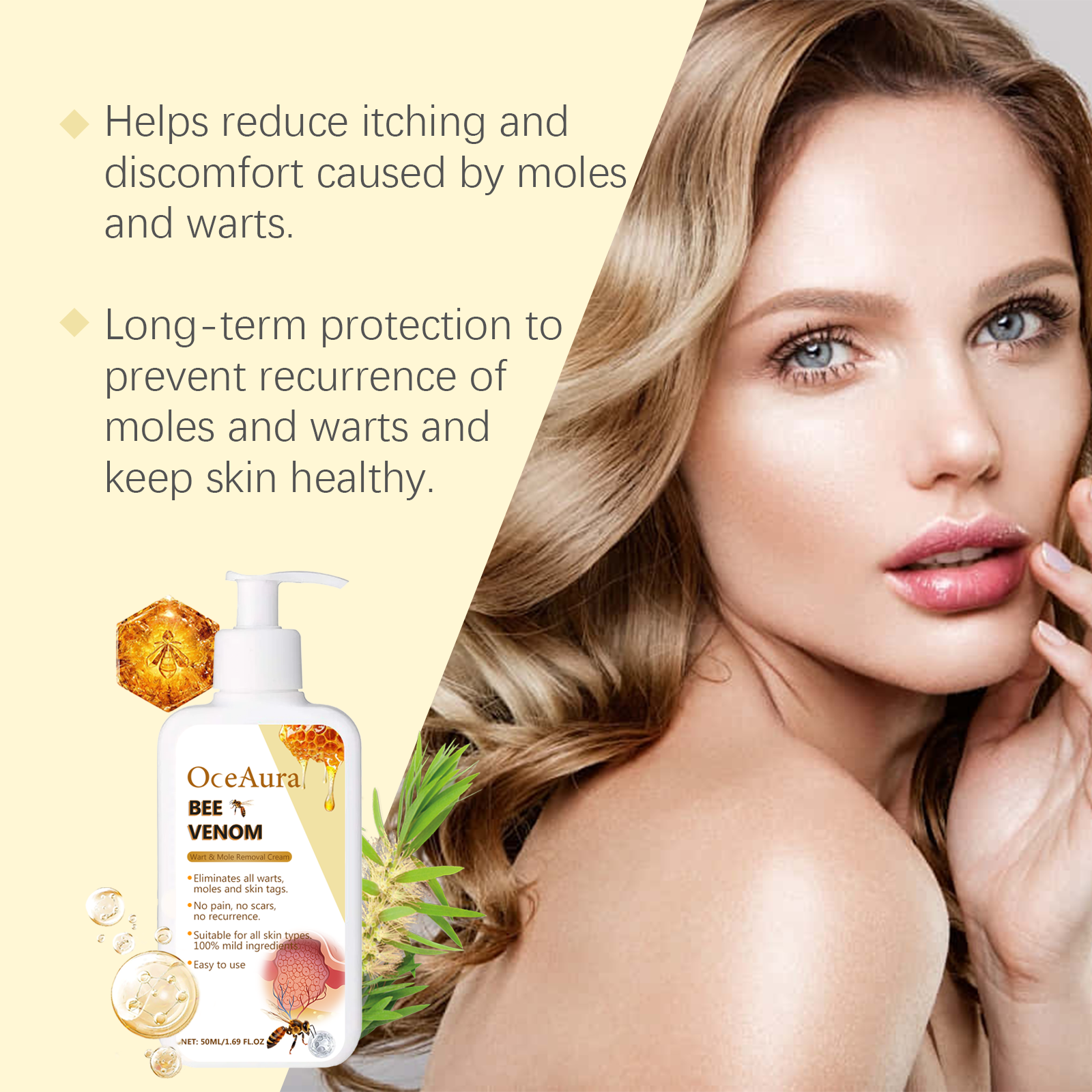 Product bottle with text overlays describing benefits including itch reduction and long-term protection; woman with beautiful, blemish-free skin in background