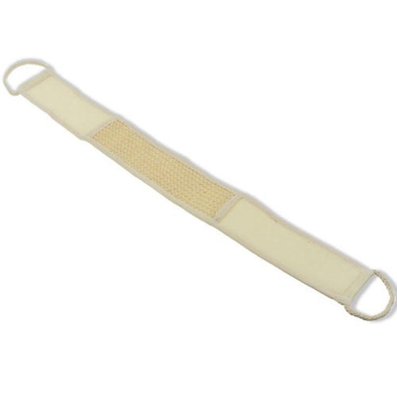 Full-length view of the back strap laid flat, showing sisal center panel and braided loop handles at both ends