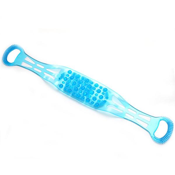 Blue silicone back scrubber belt with massage nodule side facing up on white background