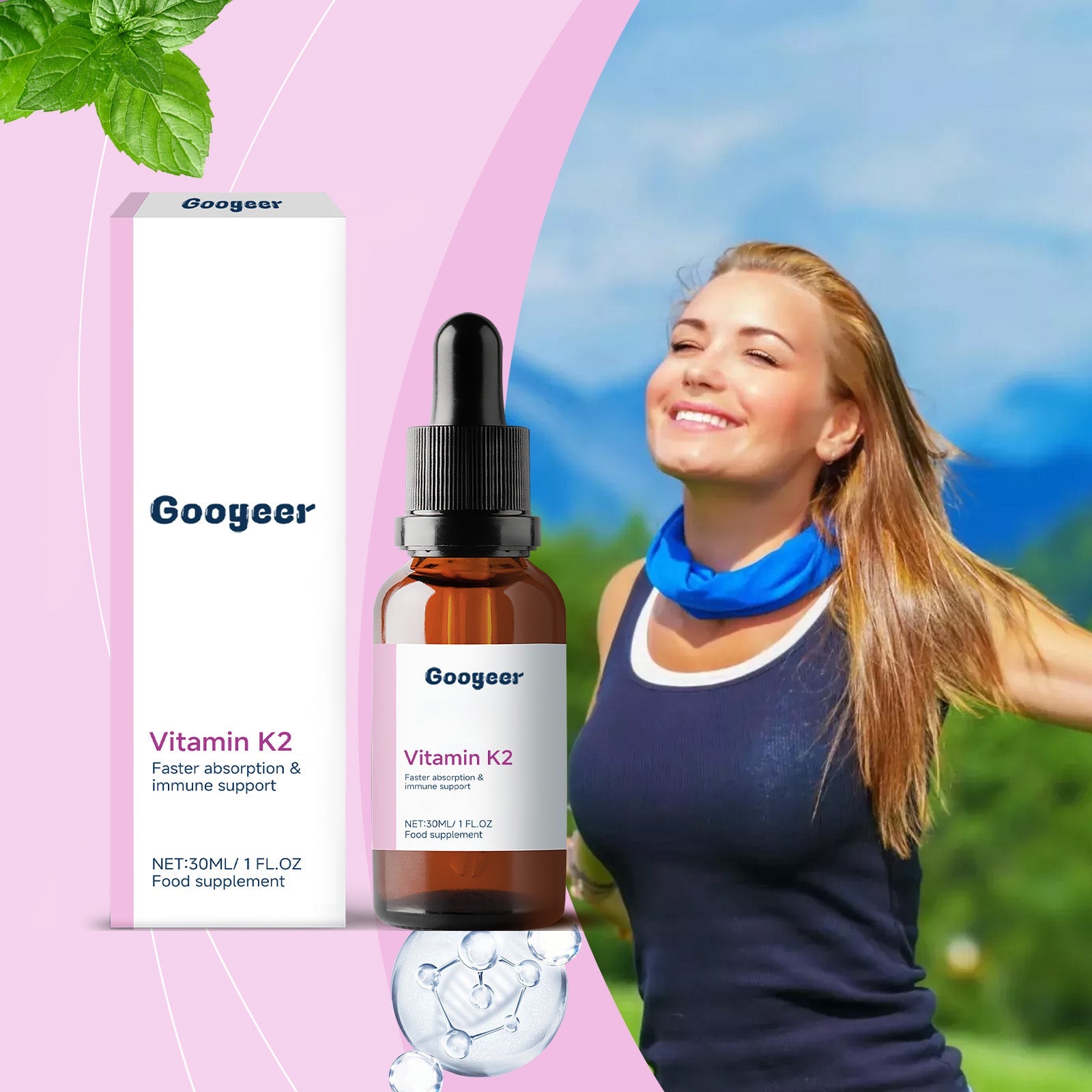 Active woman in athletic wear with mountain landscape, product shown with molecular illustration and fresh herb