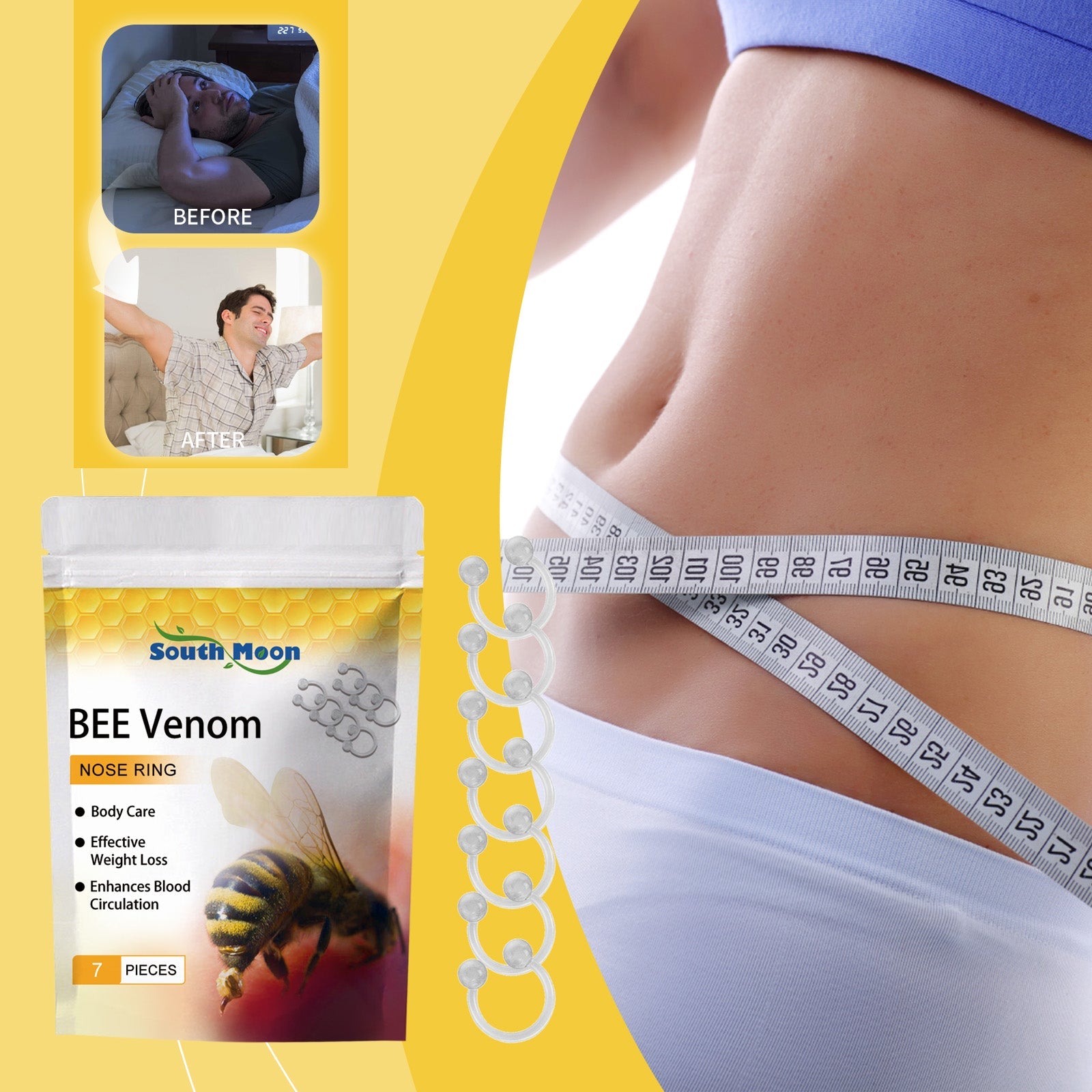 Woman wearing bee venom nose ring with highlighted benefits: firming magic, skin vitality, health protection, metabolic support; crystalline ingredient visualization with magnetic sphere assembly