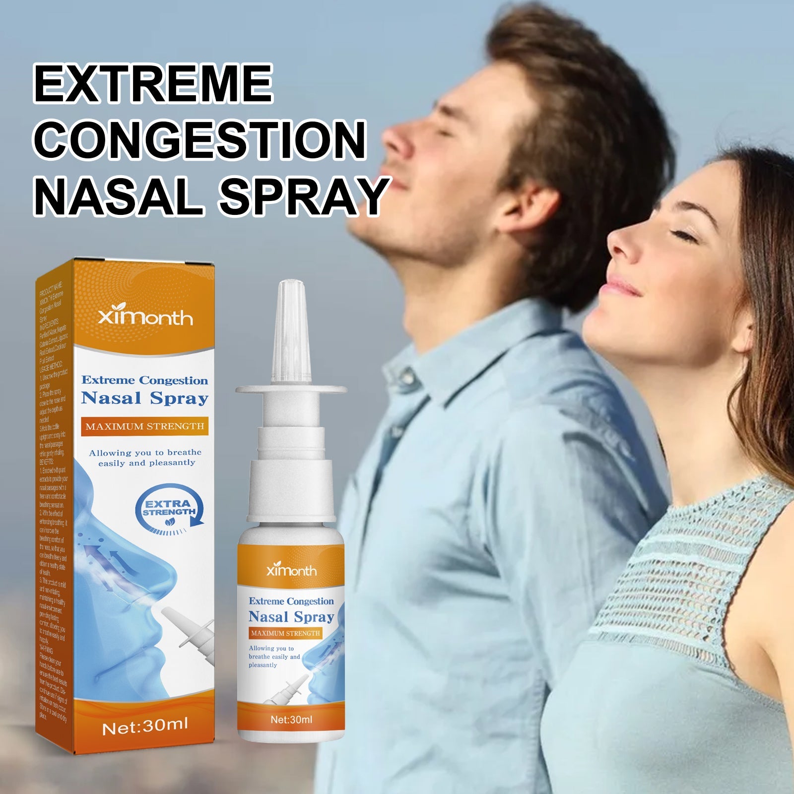 Product shot showing Ximonth nasal spray bottle next to orange and white packaging box on white background
