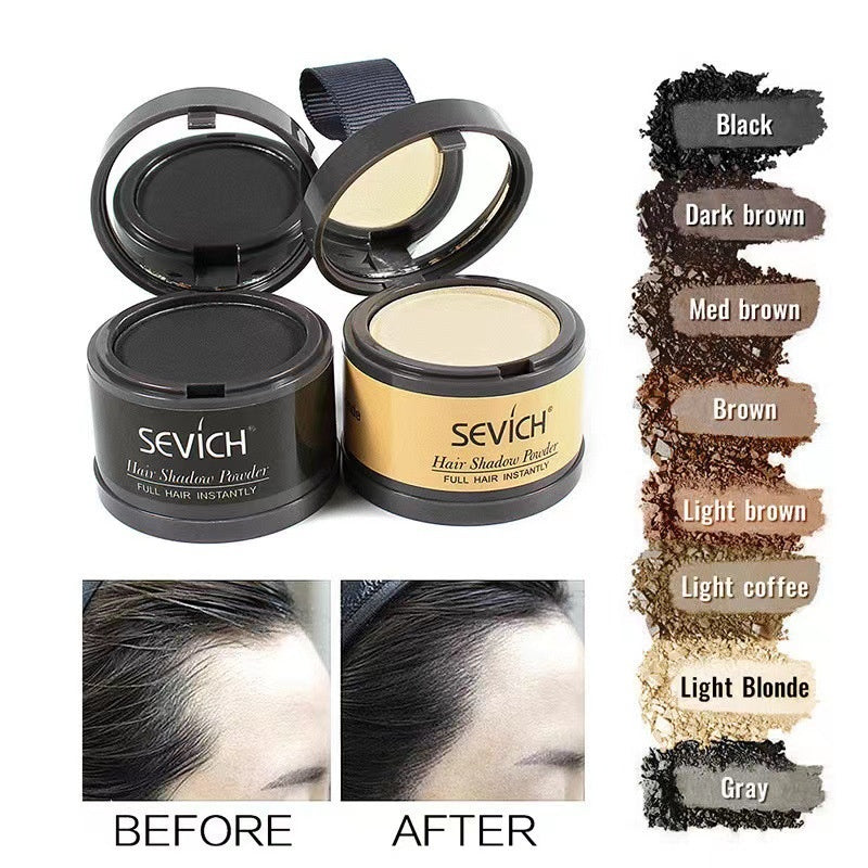 Side-by-side before and after images showing sparse hairline and temple area, with 8 shade swatches displayed on pink background