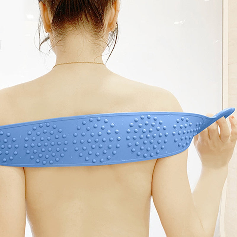Three color variants displayed side-by-side: blue, teal, and coral pink scrubber belts showing both sides
