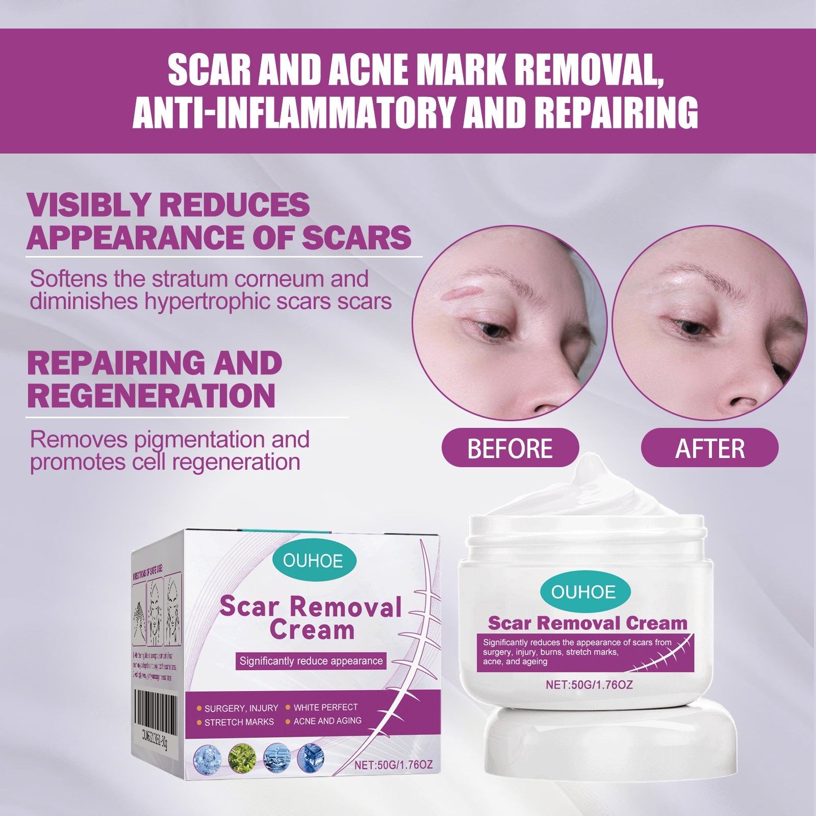 Detailed marketing infographic on light purple background listing benefits and showing before/after scar comparison