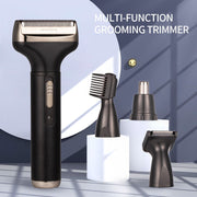 All four trimmer heads displayed in a line showing the complete grooming set