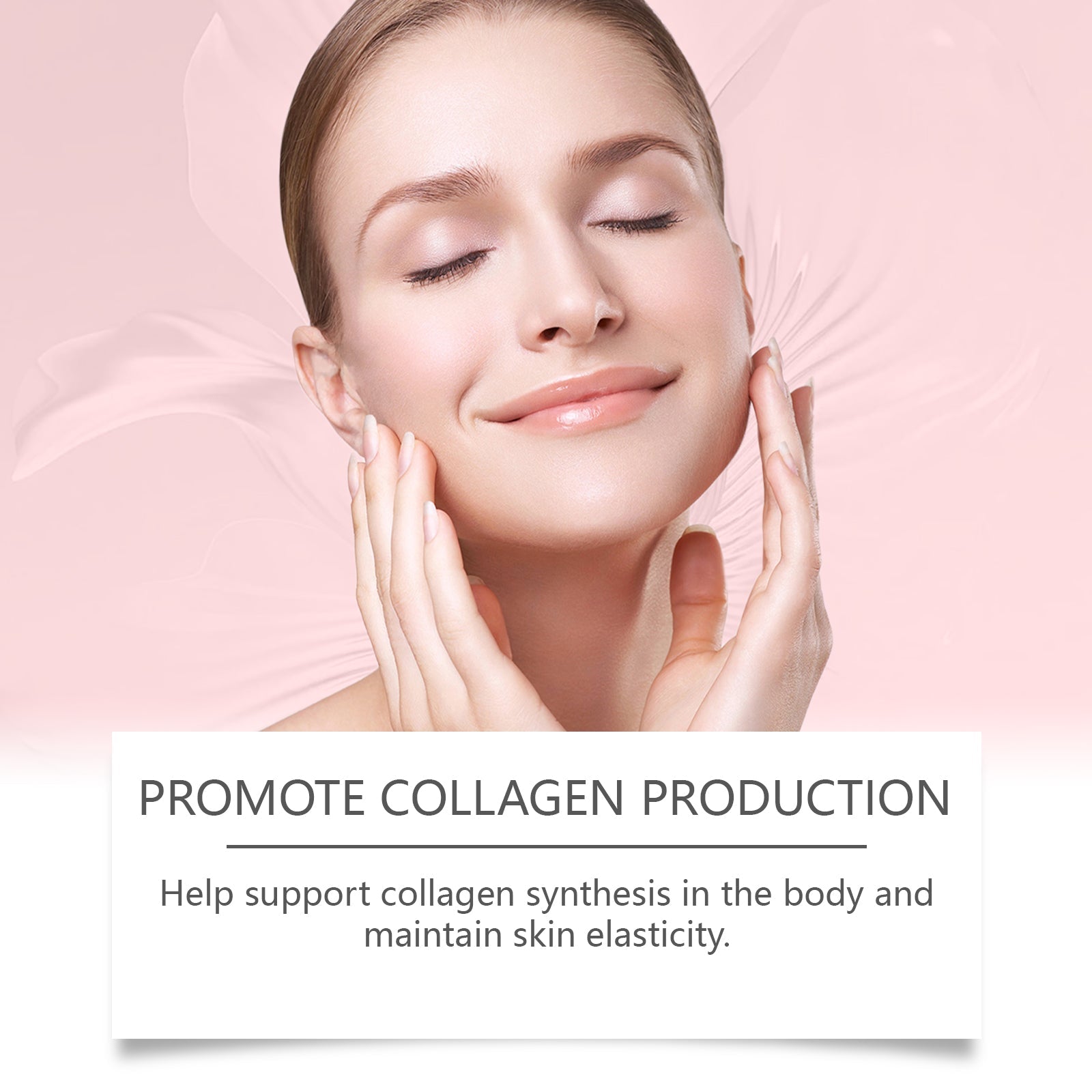 Close-up of serene woman's face with text 'PROMOTE COLLAGEN PRODUCTION' and benefit statement