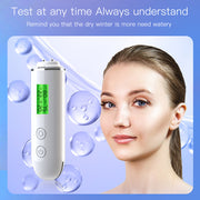 Complete product unboxing showing white tester device with green display, USB cable, fluorescent detection pen, and user manual