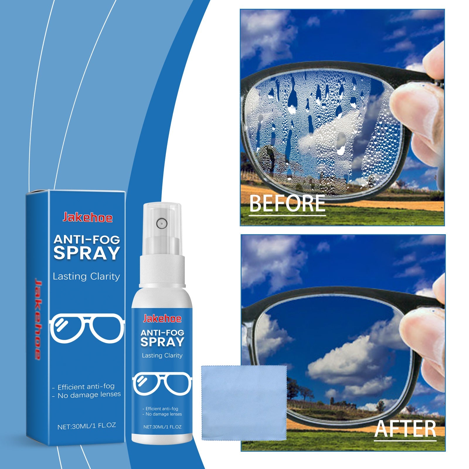 Infographic highlighting 'Quick Response' and 'Long-Lasting Anti-Fog' benefits with protective coating visual