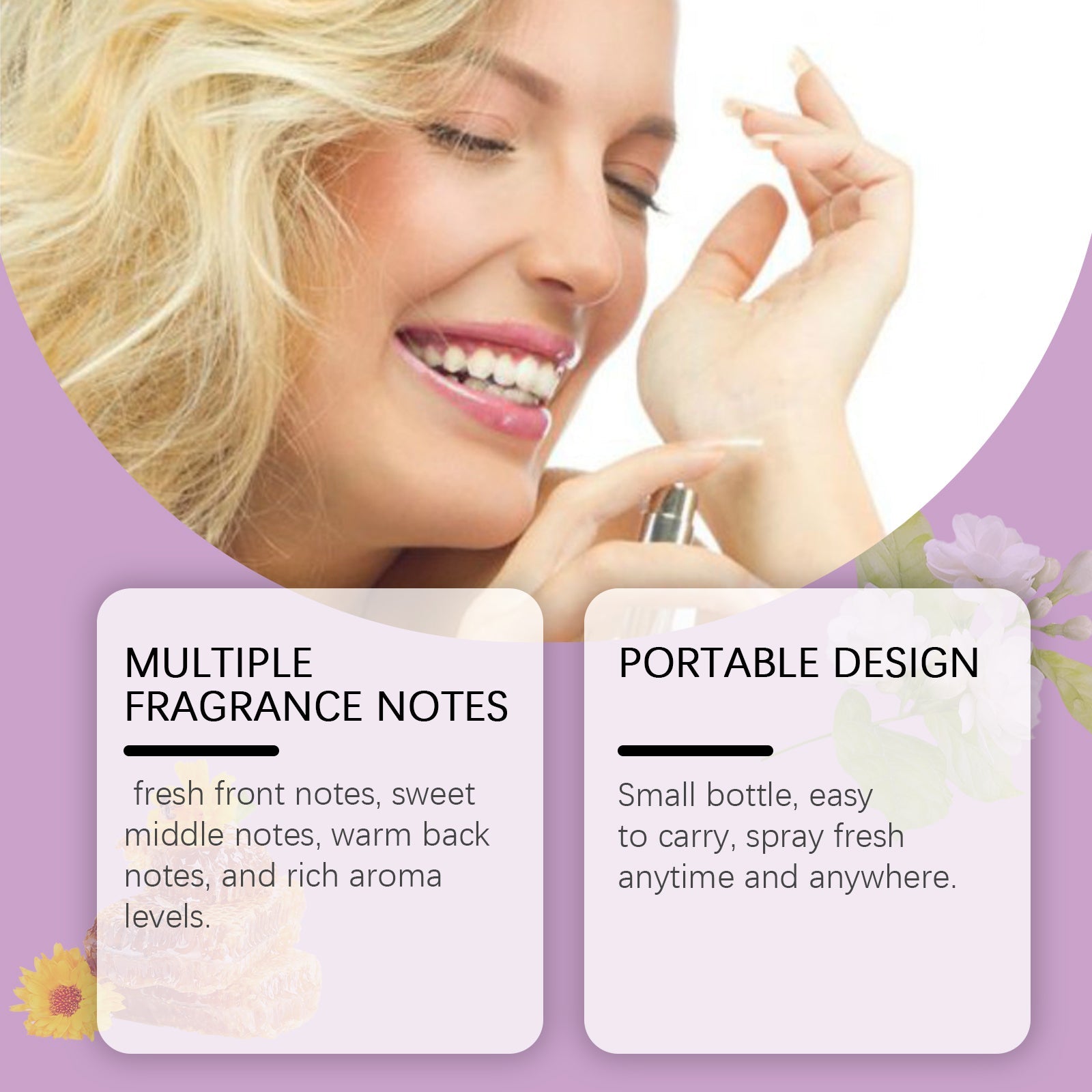 Woman applying fragrance with emphasis on plant ingredients; text states jasmine oil and vanilla extract with mild, non-irritating claim