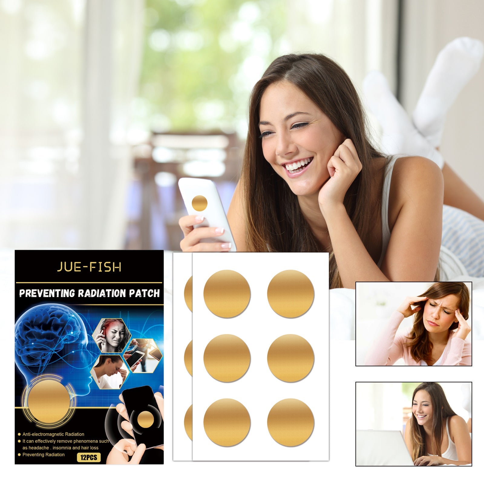 JUE-FISH Preventing Radiation Patch packaging with black background, gold branding, scientific brain illustration with electromagnetic waves, product imagery, and 12PCS count label