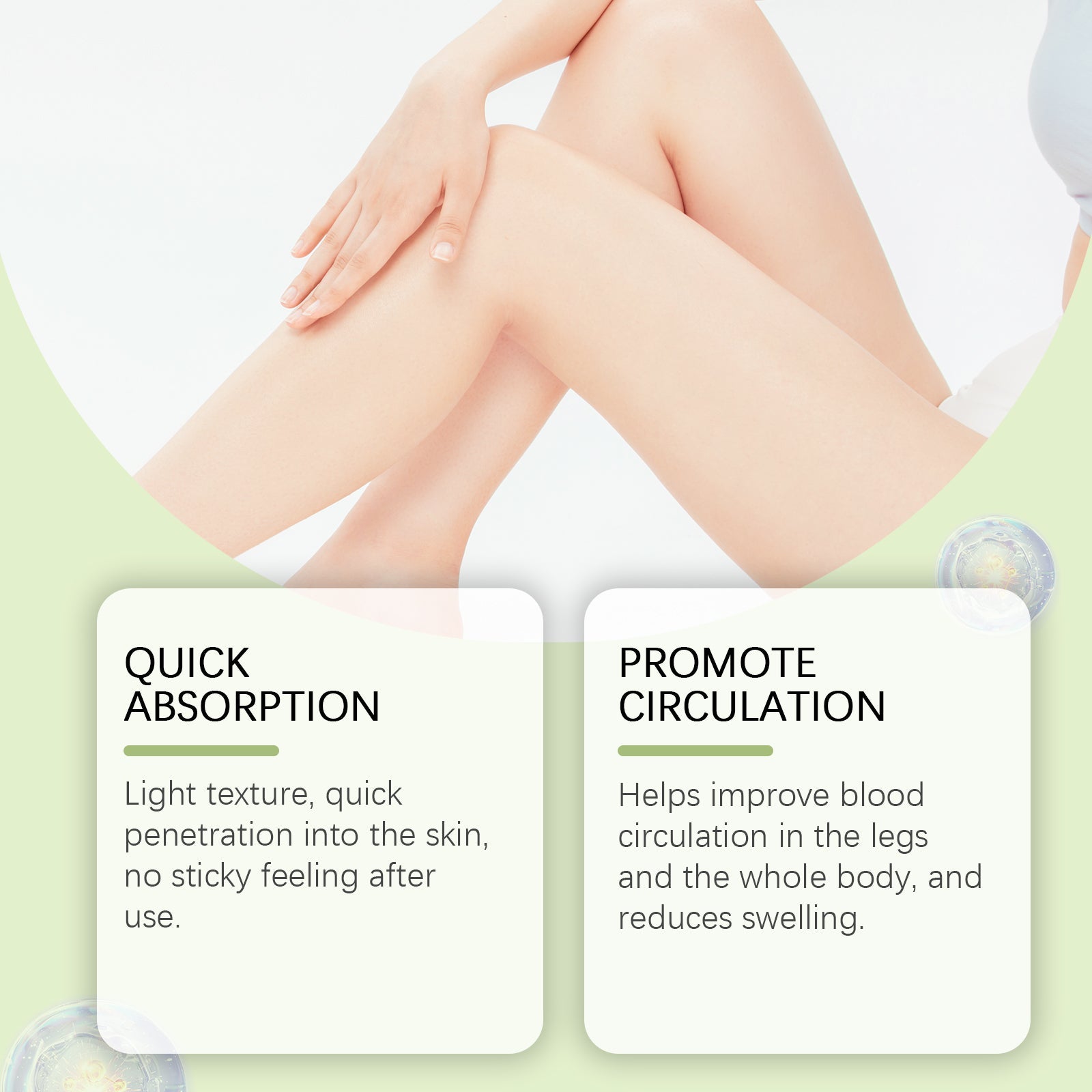 Woman's legs shown above product tubes with soft green wave design background, demonstrating leg massage application and product context